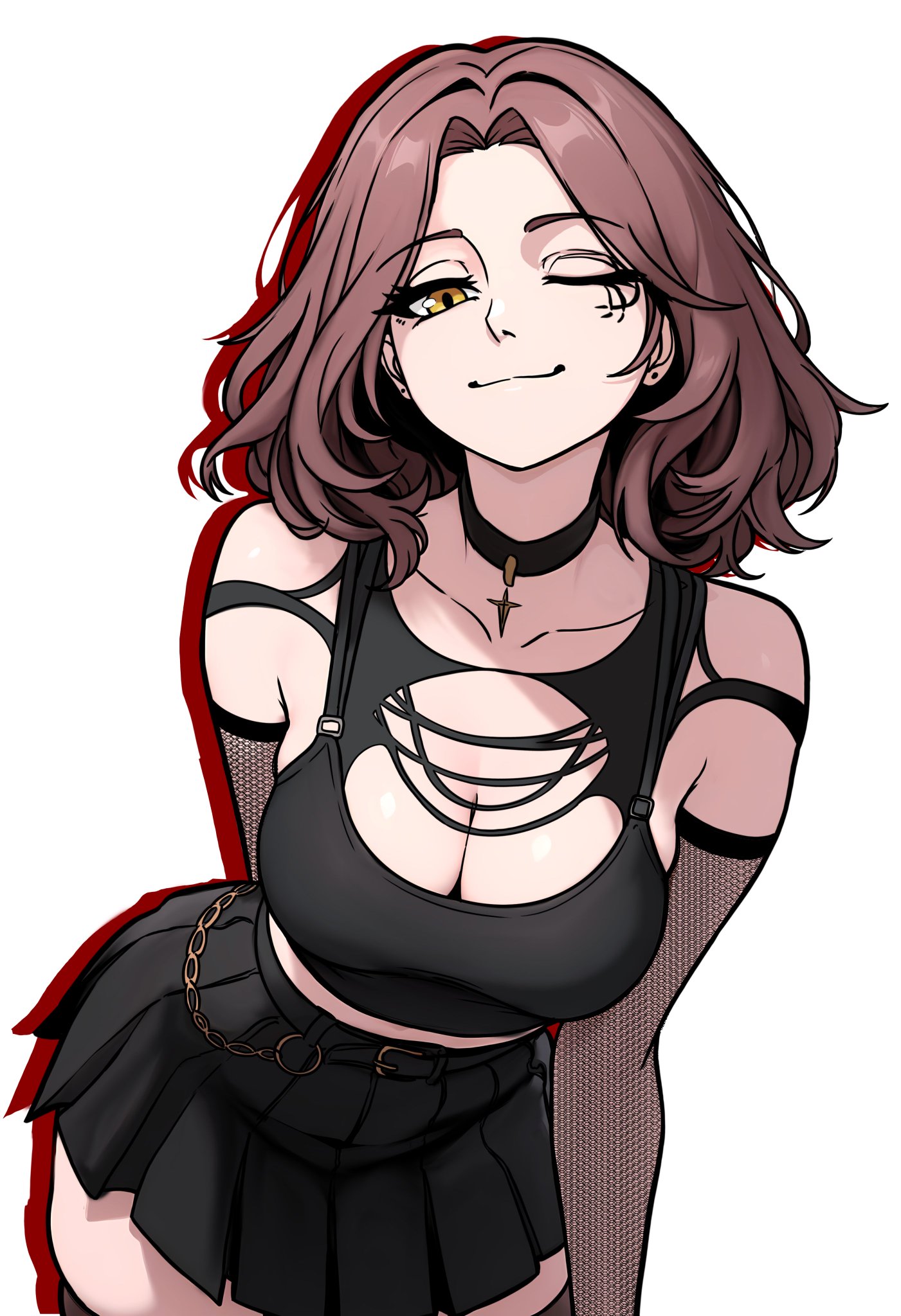 1girls, ai generated, arm behind back, armwear, ass, big breasts, black skirt, black thighhighs, bra, breasts, chains, cleavage, collar, elden ring, emo, emo girl, female, fishnets, fromsoftware, goth, goth girl, gothic, horny, horny female, large ass, lingerie, lingerie bra, looking at viewer, looking down, looking down at viewer, low-angle view, melina (elden ring), necklace, pink hair, red outline, redpostit, seducing, seduction, seductive, seductive eyes, seductive gaze, seductive look, seductive pose, seductive smile, short hair, skirt, smiling, smirk, suggestive, suggestive look, suggestive pose, suggestive posing, suggestive smile, thick, thick thighs, thighhighs, thighs, waist, yellow eyes
