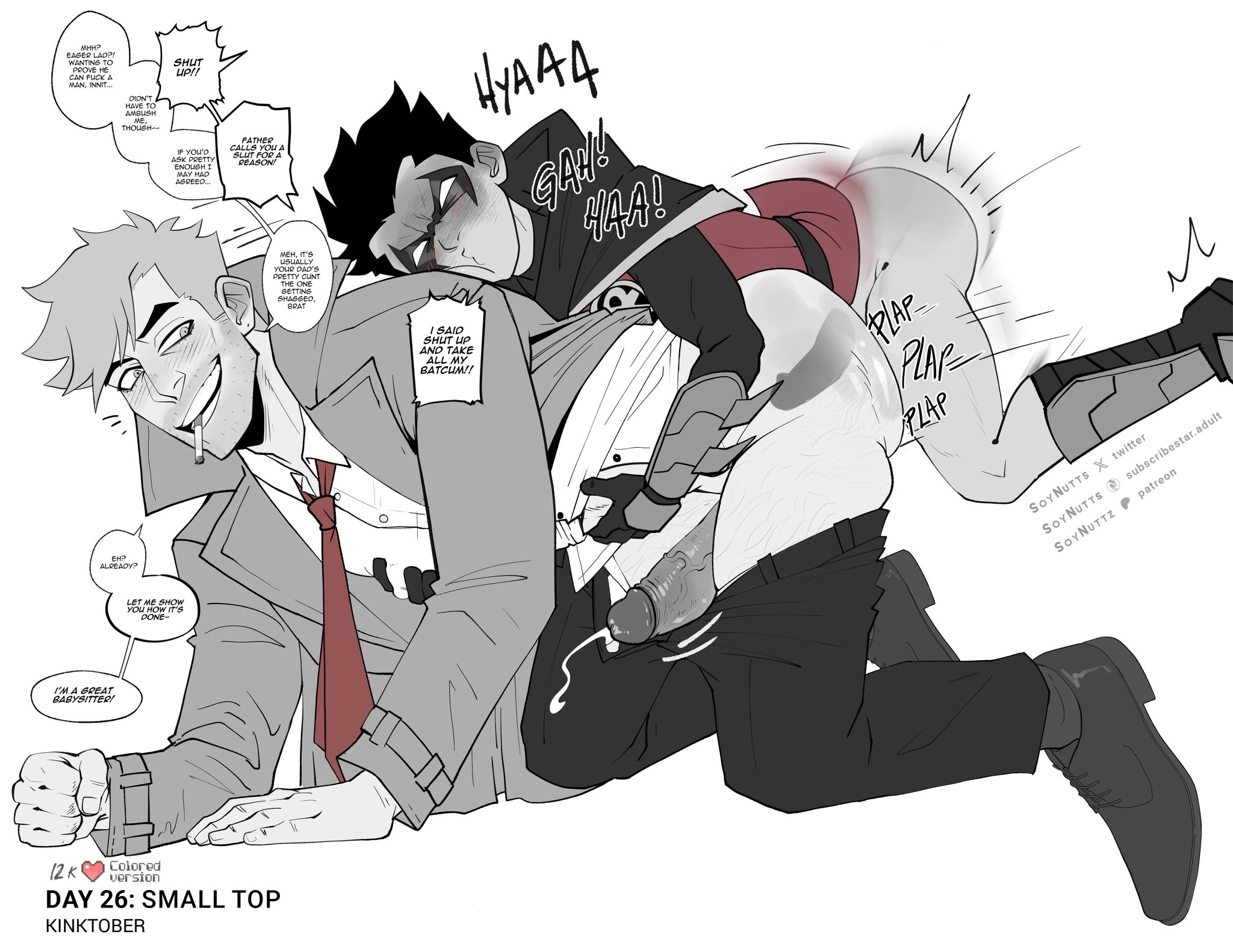 age difference, anal, anal sex, batman (series), big penis, blush, bottomless, bottomless male, clothed, clothing, cum, cumming, damian wayne, dc, dc comics, domino mask, facial hair, gay, john constantine, kinktober, kinktober 2025, male, male focus, male only, mask, pants, penetration, penis, penis in ass, plap, robin (damian wayne), robin (dc), shoes, size difference, soynutts, yaoi, younger dom older sub, younger male, younger penetrating older