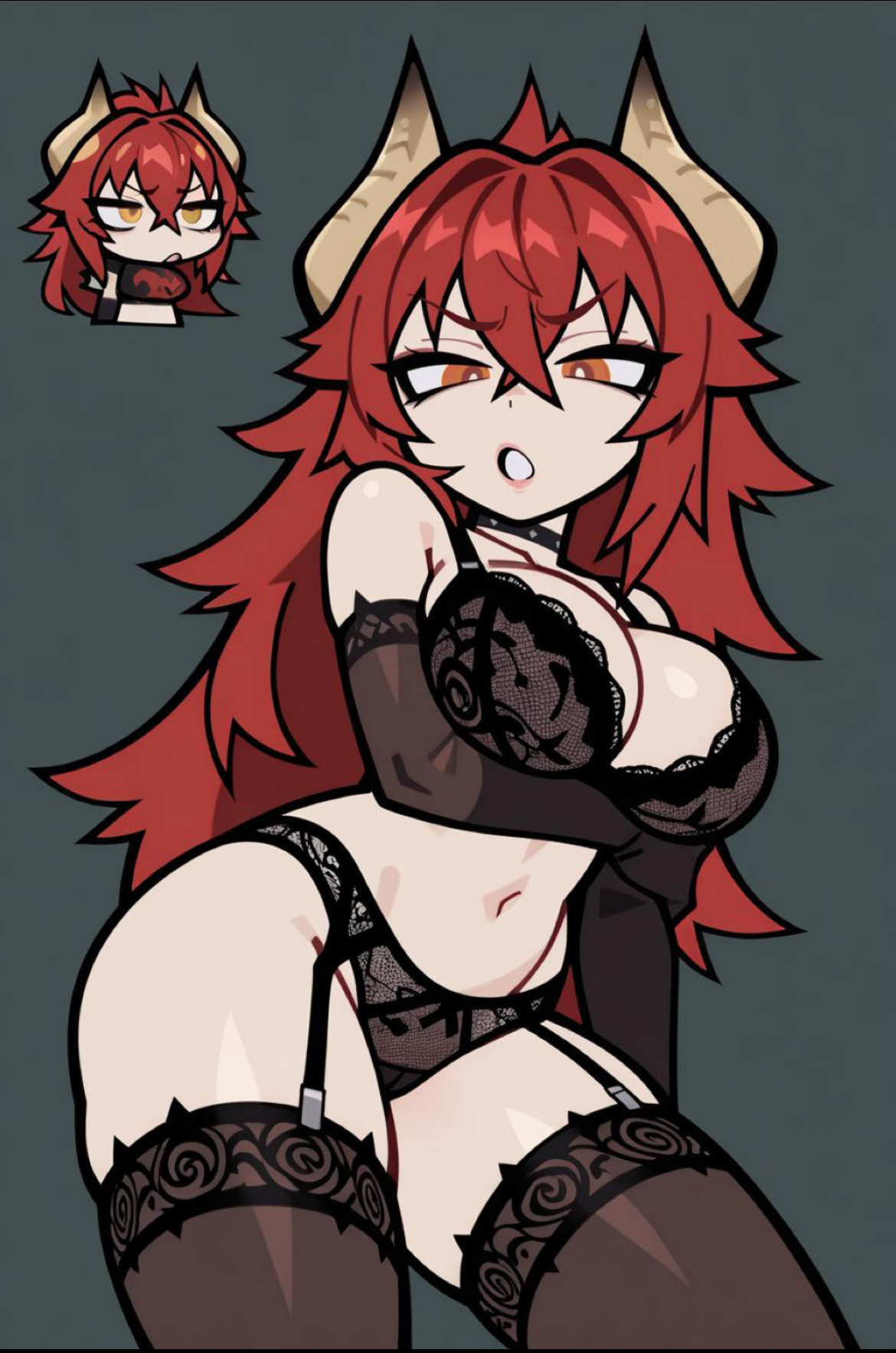 ai generated, belly button, breasts, dragon girl, dragon horns, female, female focus, female only, huge ass, huge breasts, lingerie, long hair, red hair, sexy, single female, solo, standing, stockings, thick thighs, virtual youtuber, vtuber, zenless zone zero, zentreya, zentreya (dragon)
