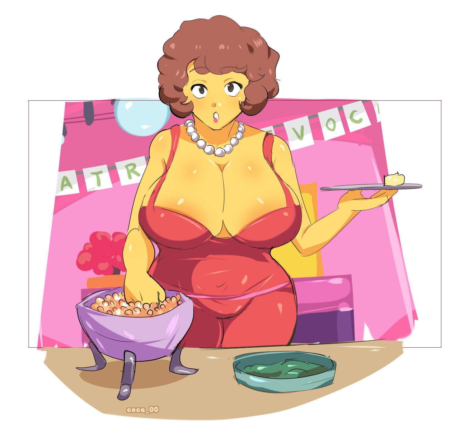 1girls, big breasts, breasts, brown hair, coca-bee, female, huge breasts, looking at viewer, maude flanders, pearl necklace, red dress, short hair, the simpsons, thick thighs, thighs, yellow skin