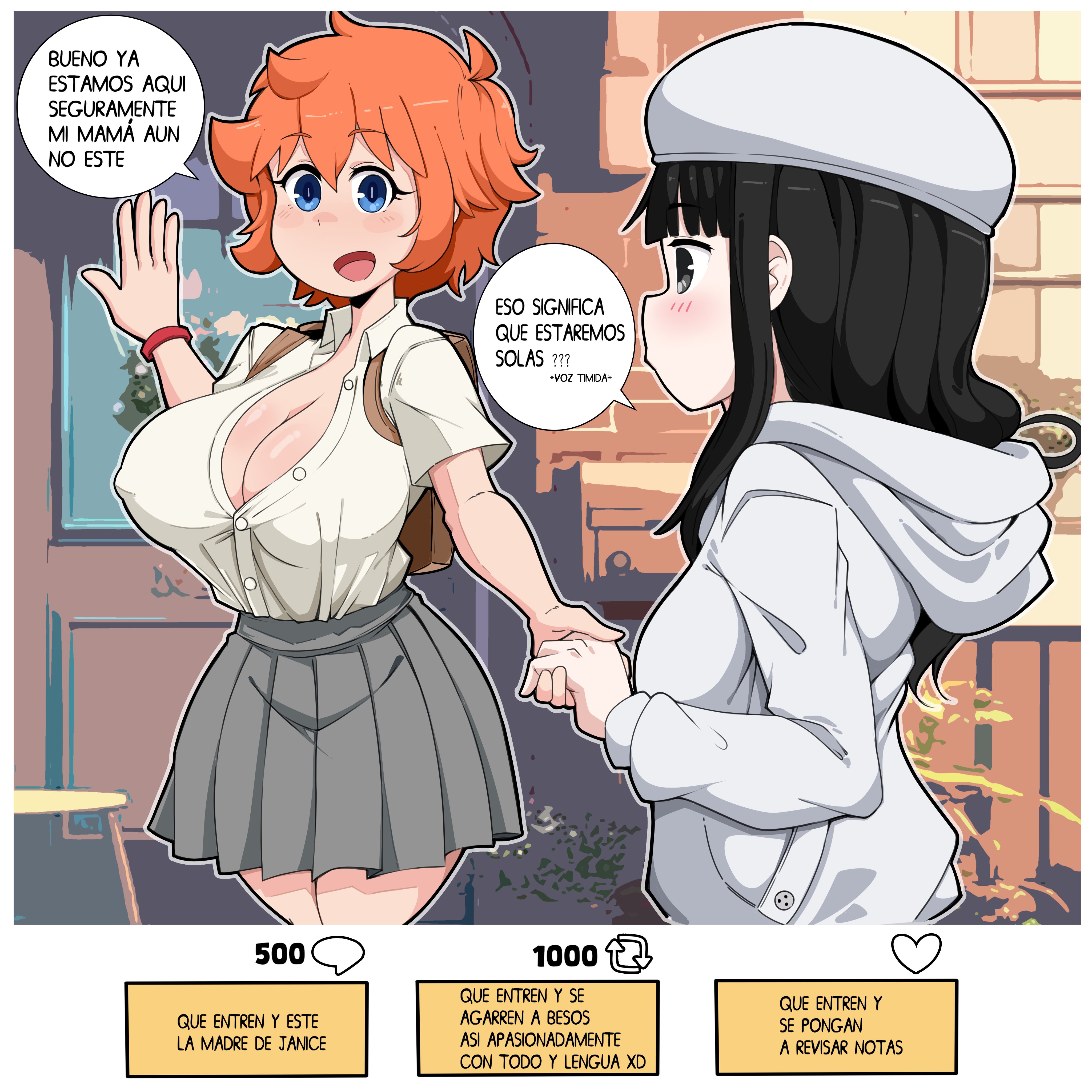 2girls, big breasts, black hair, breasts, cleavage, comicomryu, female, female only, fully clothed, janice (comicomryu), nipple bulge, orange hair, ryumxr, solay (comicomryu), spanish text, tagme, translated, twitter strip game, unbuttoned shirt, yuri