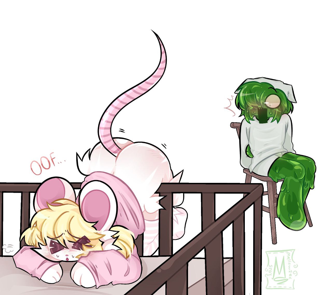 >.<, accident, arms tied, bed, blonde hair, blush, bodily fluids, bottomless, bottomwear, bound, butt, chair, clothed, clothing, damm (terrible mouse), dialogue, exposed ass, female, fur, furniture, goo creature, goo hair, goo humanoid, green body, green goo, green slime, hair, hat, headgear, headwear, humanoid, legwear, lorna (terrible mouse), male, mallowzee12, mammal, mouse, murid, murine, open mouth, pants, partially clothed, pink butt, pink clothing, pink ears, pink legwear, pink shirt, pink stockings, pink tail, pink thigh highs, pink topwear, pseudo hair, rodent, shirt, shocked, shorts, simple background, sitting, slime, stockings, sweat, tail, terrible mouse, text, thigh highs, topwear, white background, white body, white bottomwear, white clothing, white fur, white hat, white headwear, white pants, white shirt, white shorts, white topwear