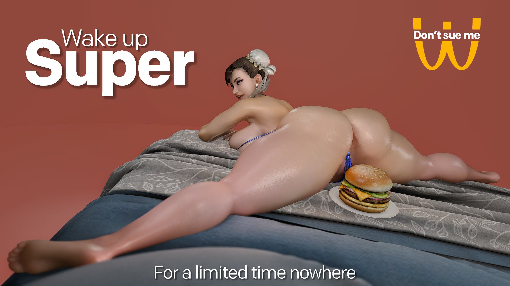 1girls, 3d, advertisement, almightypatty, ass, bed, big ass, big breasts, big thighs, breasts, burger, capcom, chun-li, curvaceous, curvy, curvy figure, female, hips, huge ass, huge breasts, huge thighs, large ass, large breasts, large thighs, light skin, light-skinned female, mature, mature female, mcdonald's, simple background, slim waist, street fighter, thick, thick hips, thick legs, thick thighs, thighs, voluptuous, waist, wide hips, wide thighs