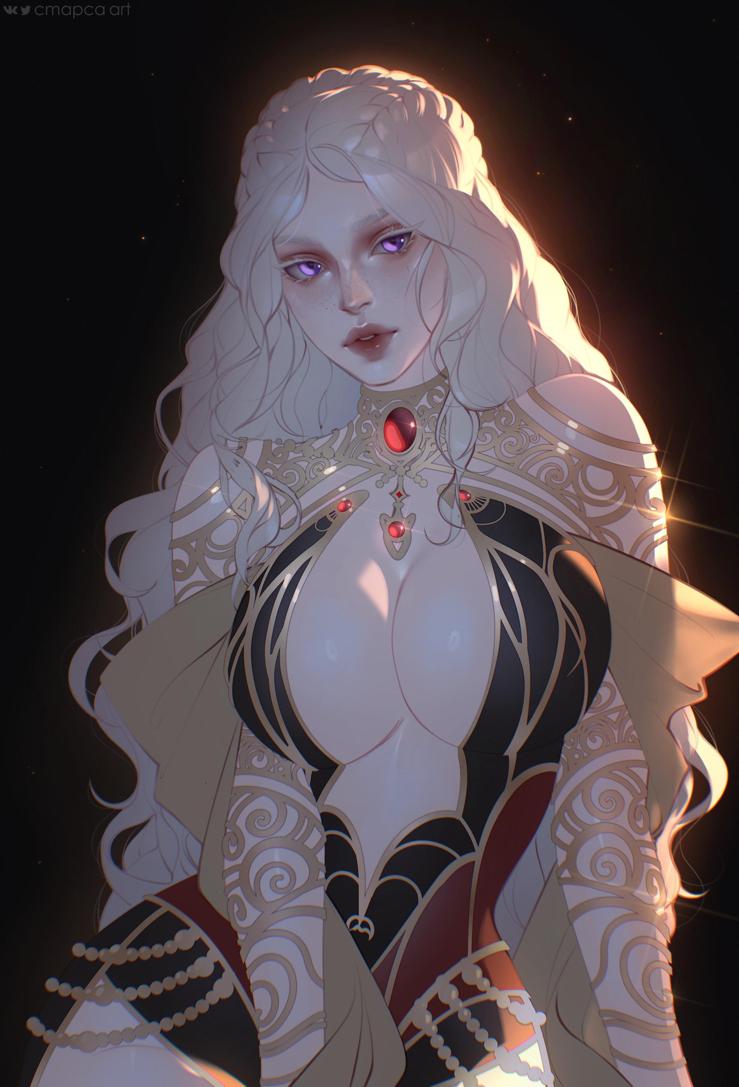 1girls, 2020s, 2025, a song of ice and fire, armor, big breasts, black background, black clothing, black outfit, braid, breasts, cleavage, cleavage cutout, cmapca art, commission, dark background, female, freckles, full lips, game of thrones, gem, glowing eyes, glowing hair, gold accents, jewelry, large breasts, light particles, light skin, light-skinned female, lightning, long hair, looking at viewer, masterpiece, necklace, original character, ornate jewelry, pale skin, parted lips, pauldrons, pendant, purple eyes, red gem, revealing clothes, soft lighting, solo, upper body, valyrian, wavy hair, white hair