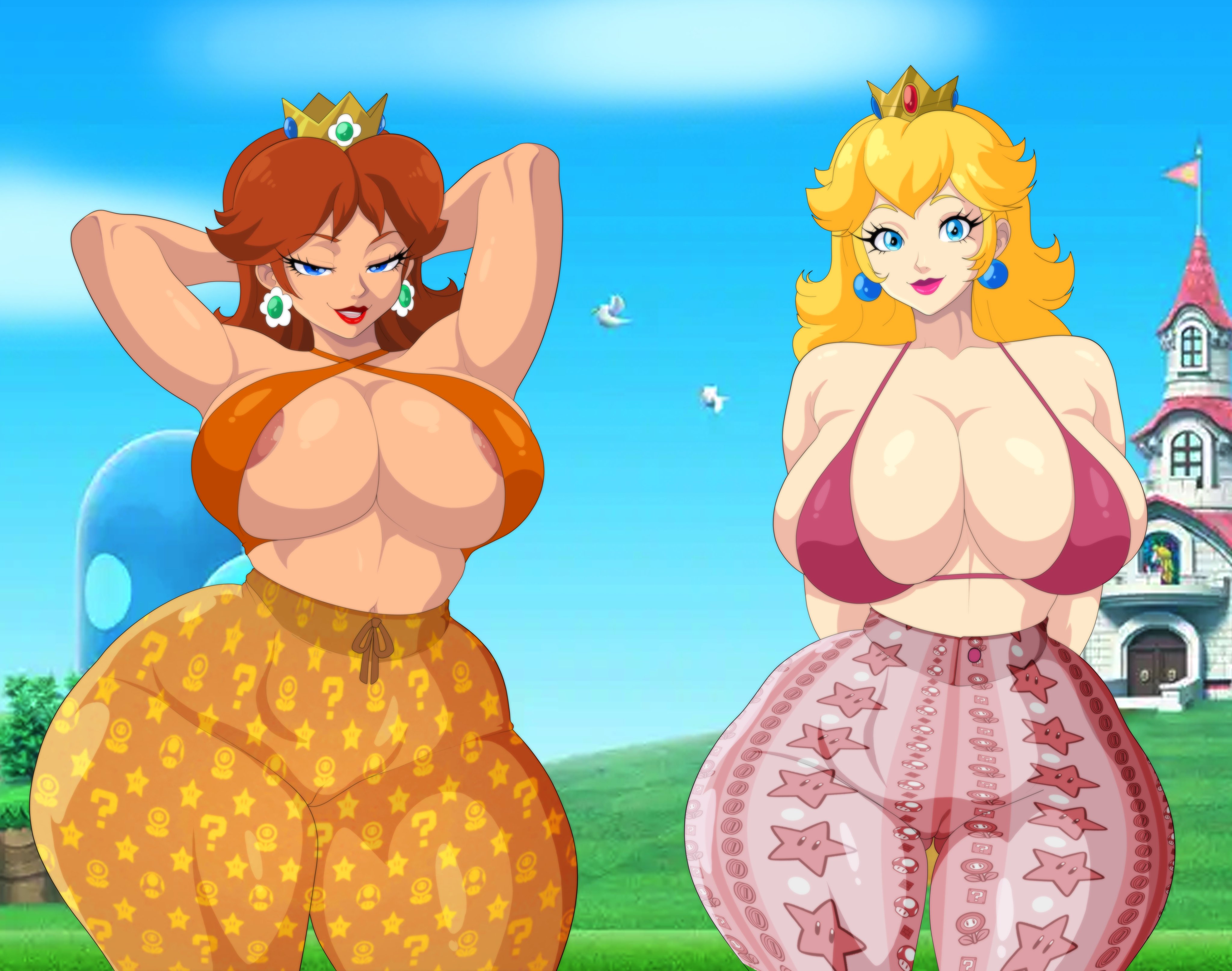 ai, ai generated, areola slip, armpits, arms behind head, best friends, big breasts, bigger female, bikini top, blonde female, breasts, brown hair, caked up, cameltoe, coloringchips, eager, exposed nipples, female, flare pants, forbidden pants, huge ass, huge breasts, light-skinned female, mario (series), mature, nintendo, presenting, princess daisy, princess peach, seductive, sexy armpits, sexy pose, skintight clothing, sluts, super mario bros., tan-skinned female, thick thighs, wide hips