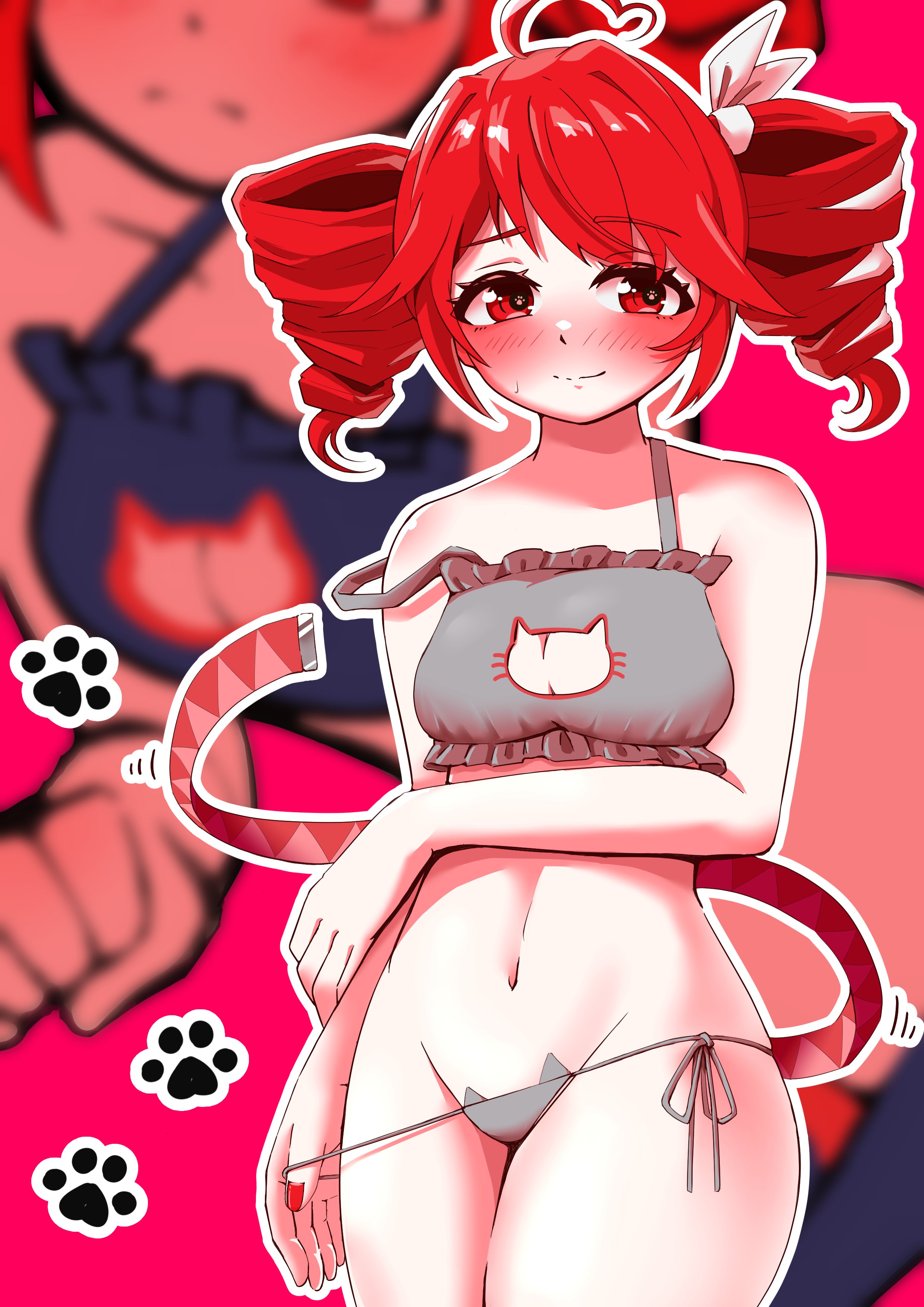 1girls, 2d, 2d (artwork), ahoge, bamboo rindou, belly, big thighs, blush, blush lines, blushing profusely, boob window, bra, breasts, cat lingerie, curvaceous, curvy, curvy female, curvy figure, embarrassed, embarrassed female, female, female only, hair ornament, hairbow, kasane teto, kasane teto (sv), large thighs, looking at viewer, nail polish, navel, painted nails, panties, petite, petite body, petite female, red eyes, red hair, red nails, removing panties, shiny skin, skinny, skinny female, slim female, slim waist, small breasts, solo, solo female, synthesizer v, thick thighs, thighs, twin drills, underwear, utau, wide hips