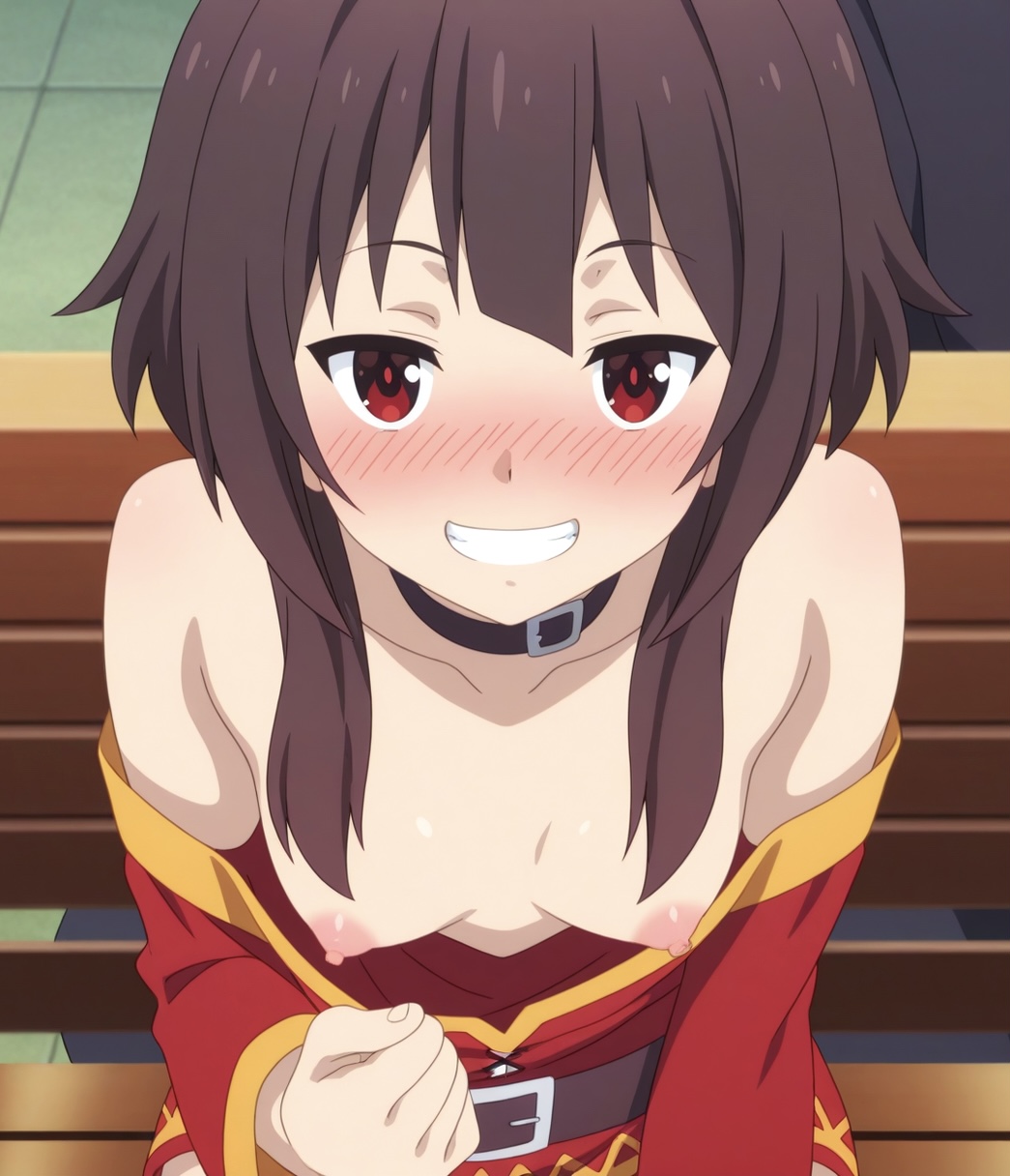 1girls, ai generated, bare shoulders, black collar, blush, breasts, breasts out, brown hair, collar, dress, dress down, female, female only, kono subarashii sekai ni shukufuku wo!, konosuba, medium breasts, megumin, nipples, red dress, red eyes, short hair, sitting, sitting on bench, smile, solo female, teasing