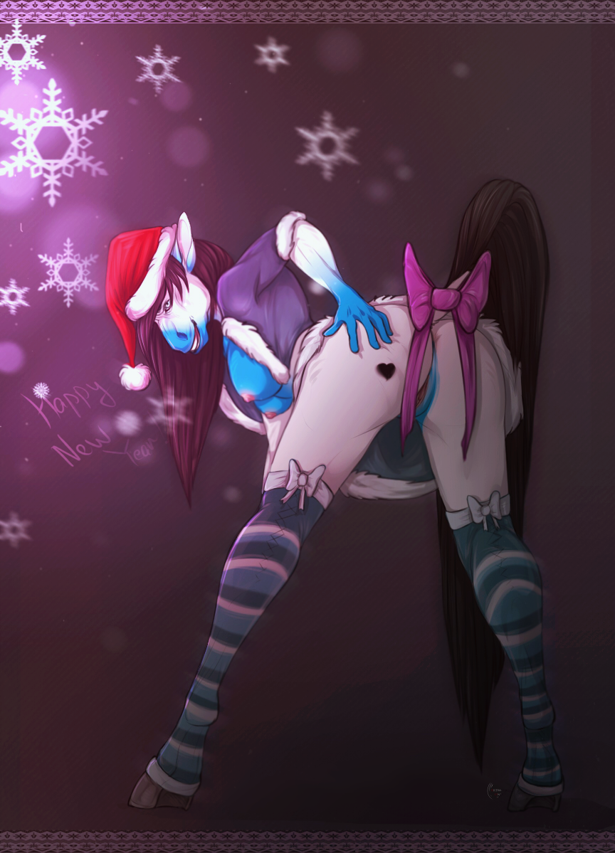 anthro ass bent_over christmas clothed clothing equine female hat holidays horse looking_at_viewer mammal pussy santa_hat smile solo standing unistaart