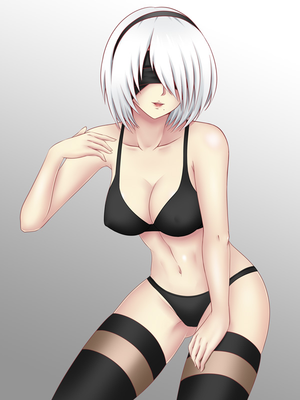 blindfold, bra, cleavage, female, nier, nier: automata, oslight, panties, short hair, solo, standing, thighhighs, white hair, yorha 2b