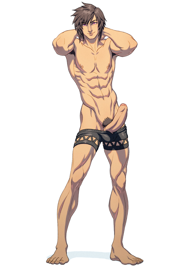 1boy armpit_hair barefoot boner erection final_fantasy final_fantasy_xiii final_fantasy_xiii-2 foreskin full_body male male_only muscles muscular muscular_male noel_kreiss penis pubic_hair purple_eyes schizoid solo uncircumcised underwear_down undressing