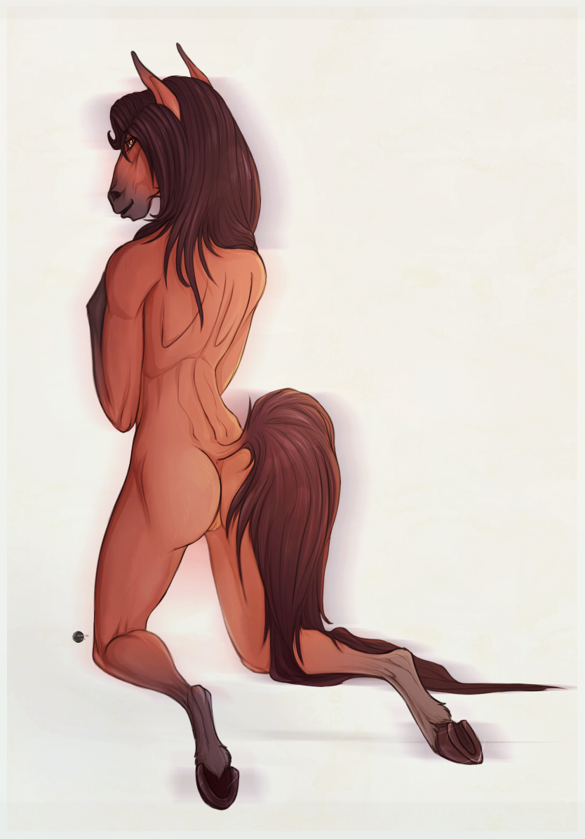 ambiguous_gender anthro ass equine hair horse kneeling mammal nude pussy smile solo unistaart