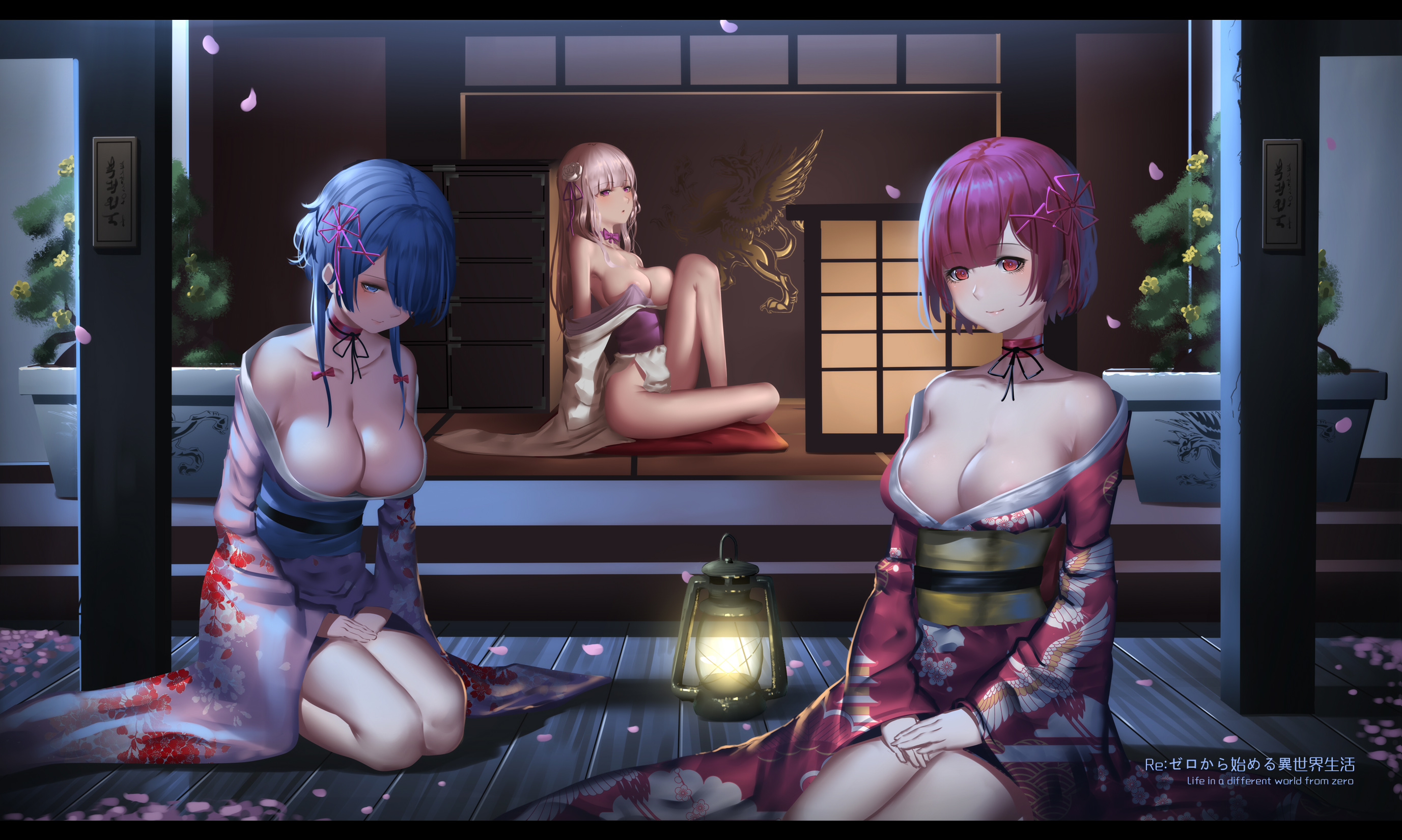 3girls, blue eyes, blue hair, breasts, choker, cleavage, emilia (re:zero), female, female only, hk (zxd0554), japanese clothes, kimono, no bra, nopan, open clothes, open shirt, petals, pink eyes, pink hair, purple eyes, ram (re:zero), re:zero kara hajimeru isekai seikatsu, rem (re:zero), ribbons, shirt, silver hair, twins