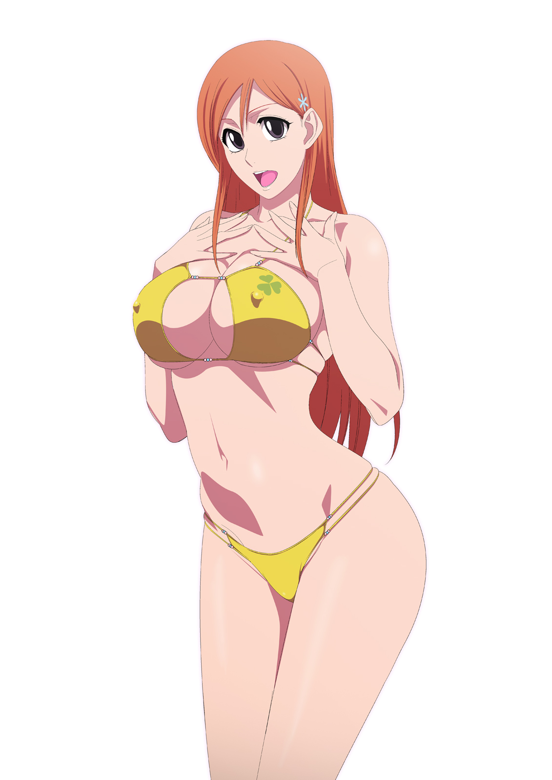 bare legs, bare shoulders, bikini, bleach, breasts, cute but busty, erect nipples under clothes, female, game cg, inoue orihime, large breasts, lime (purple haze), long hair, looking at viewer, nipples visible through clothing, orange hair, perky breasts, skimpy bikini, smile, swimsuit