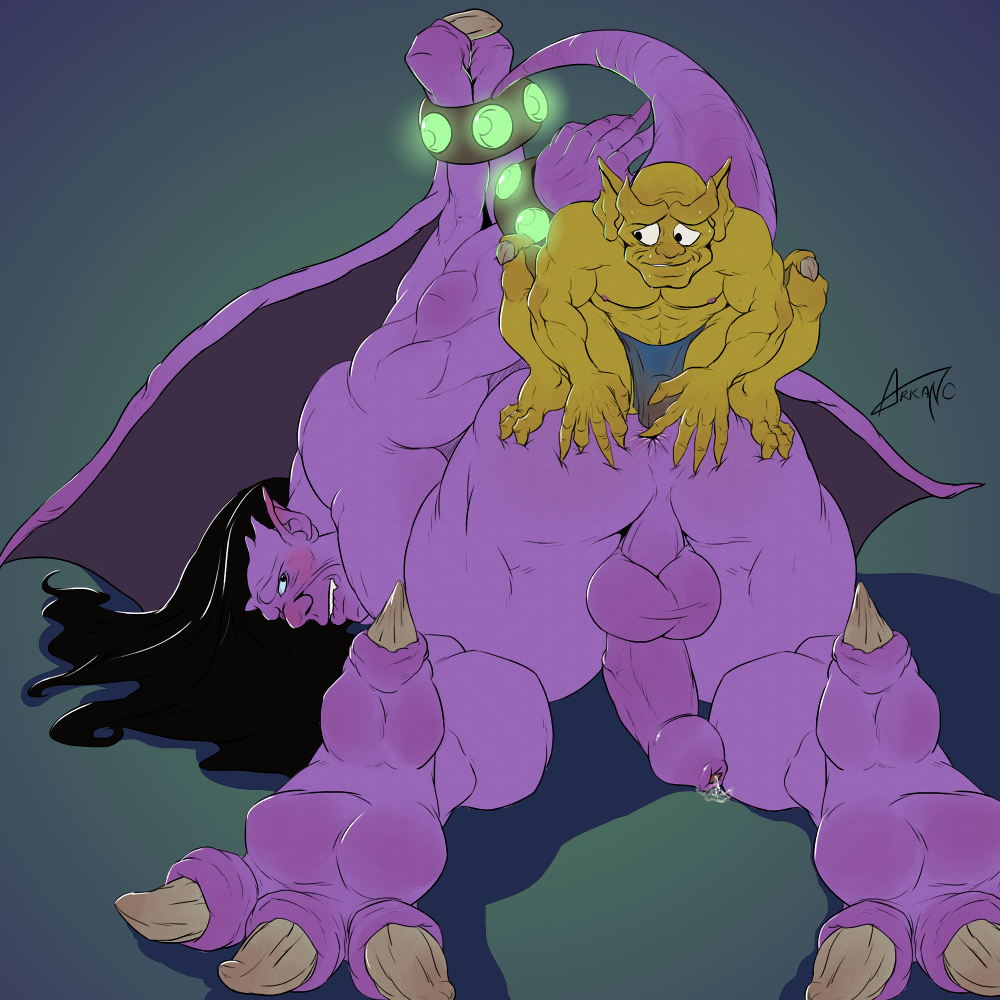 anus arkanoego ass balls biting_lip blush bondage bound claws disney duo erection gargoyle gargoyles gay goliath_(gargoyles) lexington_(gargoyles) loincloth long_hair looking_pleasured male male_only muscular penis pointy_ears smile talons testicles uncut wings yaoi