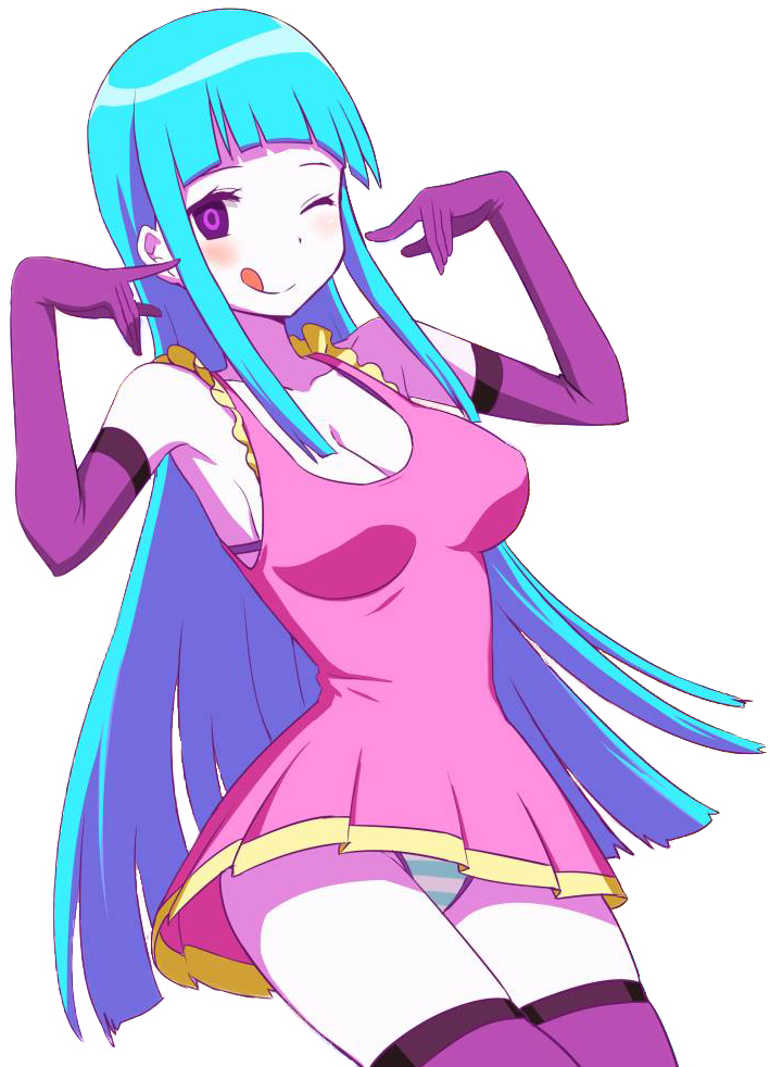 blink blue_hair dress elbow_gloves female long_hair looking_at_viewer me!me!me! meme_(me!me!me!) panties pink_dress purple_eyes simple_background smile solo striped striped_panties thighhighs tongue tongue_out transparent_background very_long_hair