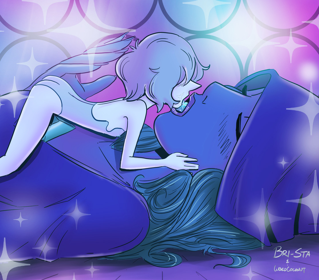 2girls, big breasts, blue diamond (steven universe), blue eyes, blue hair, blue pearl (steven universe), blue skin, blushing, breasts, bri-sta, cartoon network, cubedcoconut, diamond authority, female, female only, gem, gem (species), giantess, hair over eyes, hair over face, kissing, long hair, short hair, size difference, steven universe, white hair, yuri