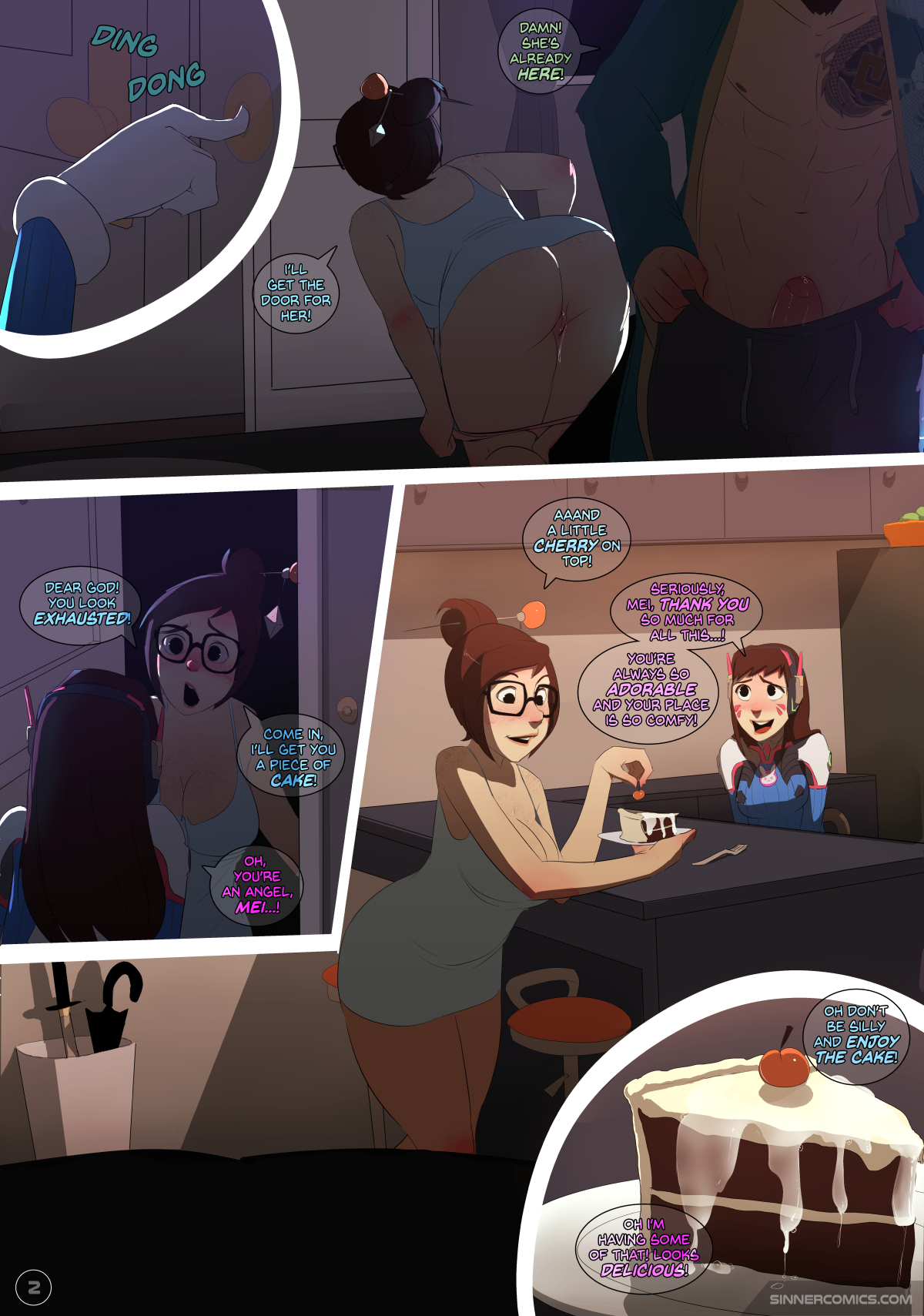 1boy, 2girls, beard, black hair, blizzard entertainment, blush, bodysuit, brown eyes, brown hair, cake, chest, comic, d.va, dialogue, door, english text, female, glasses, hanzo, hanzo shimada, human, male, mei (overwatch), multiple females, multiple girls, night, nipples, no bra, open mouth, overwatch, overwatch 2, penis, pussy, short hair, sillygirl, sinner, sinner comics, tagme, tattoo, text, thick, video games