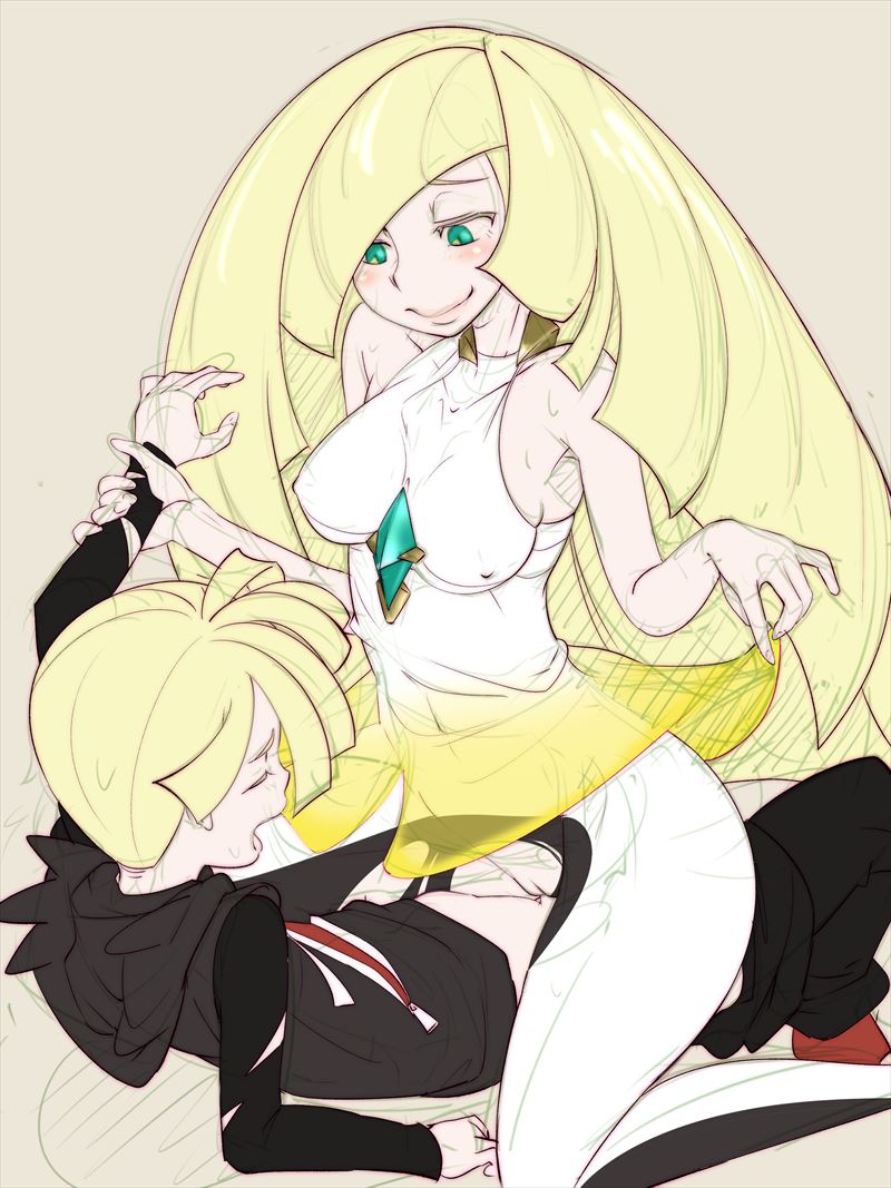 1boy 1girls aether_foundation arm_grab armpits bare_shoulders blonde_hair blush bottomless breasts closed_eyes clothed dress dress_lift erect_nipples family_sex female gladion_(pokemon) green_eyes hair_over_one_eye half-closed_eyes holding hourglass_figure human incest kneeling long_hair lusamine_(pokemon) male medium_breasts mother_and_son nintendo on_back open_mouth pants pants_down penis pokemon pokemon_sm pussy see-through sex shirt shoes short_hair sketch smile straight sweat thick_thighs torn_clothes very_long_hair wide_hips zaitsu