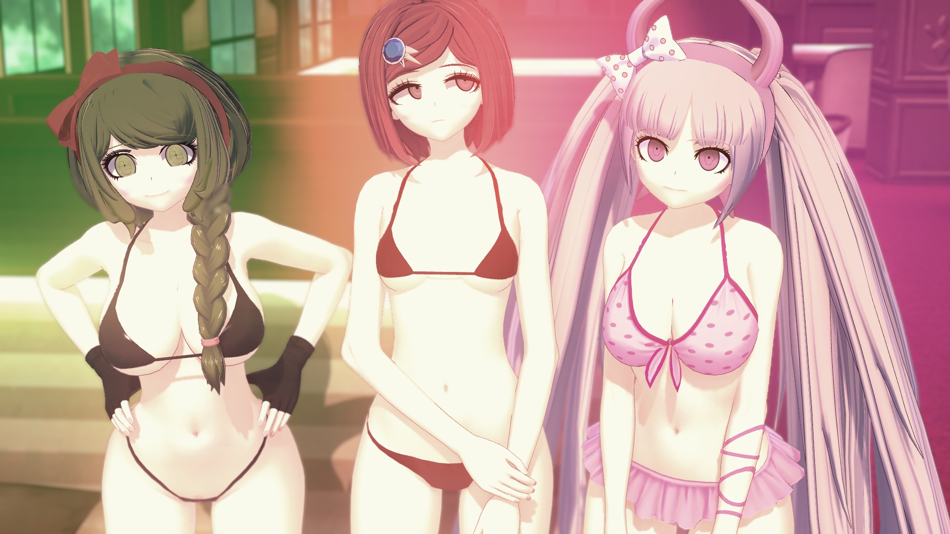 1080p, 16:9, 3d, 3girls, ass, big breasts, bikini, braid, breasts, danganronpa, danganronpa ultra despair girls, female, hi res, hotel, koikatsu, large breasts, long hair, older, posing, short hair, small breasts, straight hair, towa monaca, trio, twintails, utsugi kotoko, yumeno himiko