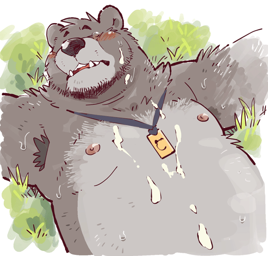 2016 armpit_hair armpits bear beard black_bear blush cum cum_on_chest cum_on_face cum_on_stomach facial_hair kemono kinoshita_jiroh lanyard lying male male_only mammal moobs outside overweight resting solo sweat tears traditional_media_(artwork) watercolor_(artwork)