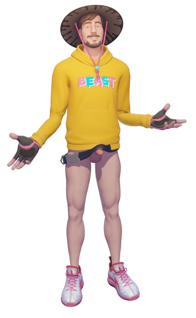 3d 3d_(artwork) beard blue_eyes brown_hair bucket_hat clothing fortnite fortnite:_battle_royale gloves hat hoodie human human_only looking_at_viewer malakisuglypotato_(artlist) male male_focus male_only mrbeast pants_removed penis shoes smile smiling youtube youtuber