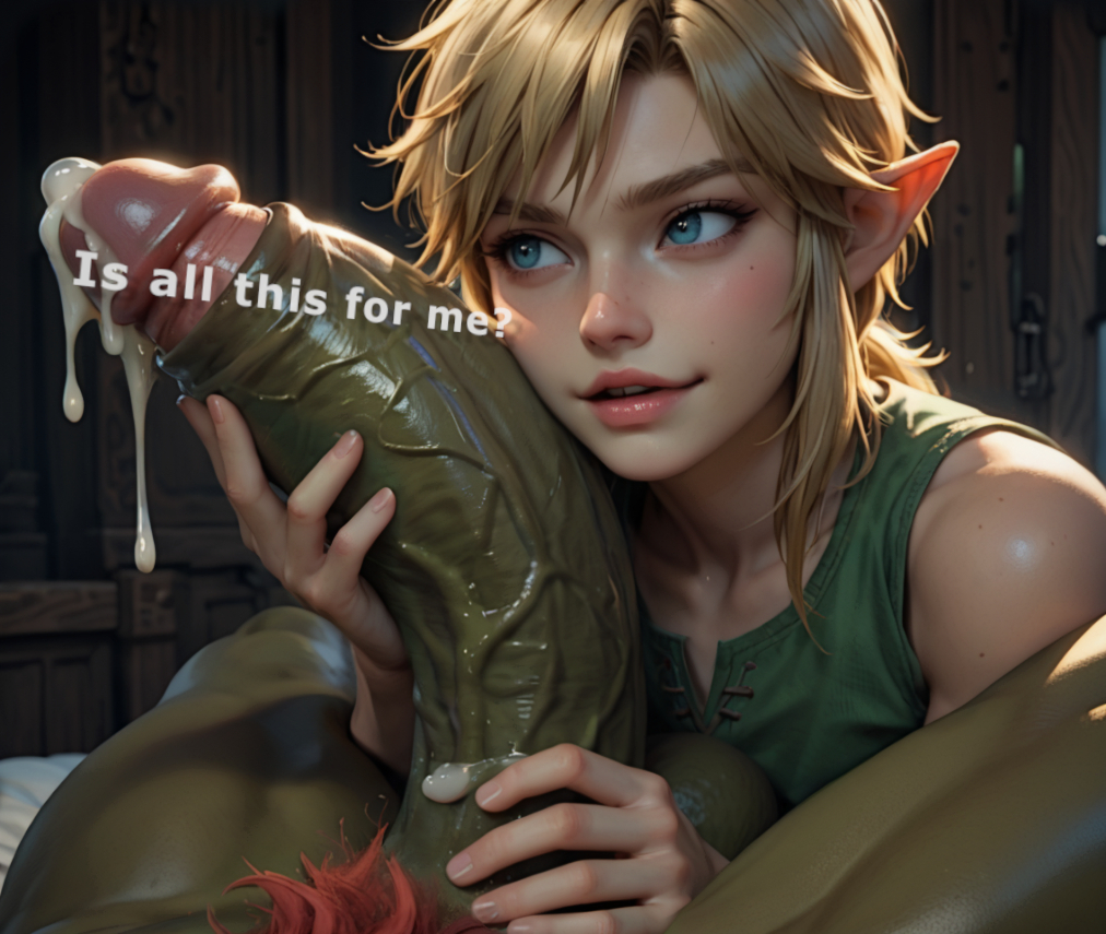 ai_generated between_legs blonde_hair blue_eyes cock_worship curved_penis dominant_pov dripping_cum elf elf_ears ganondorf green_skin hdregrets huge_cock large_penis link looking_at_penis penis pov precum pubic_hair size_difference talking_to_viewer the_legend_of_zelda veiny_penis