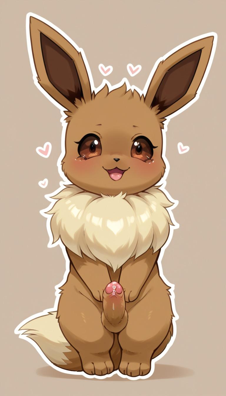 ai_generated anthro blush brown_fur domestic_dog eevee eeveelution feral fluffy furry genitals heart leaking_precum male_focus male_only mammalian no_humans outline penis pokemon pokemon_(species) pose precum quadrupedal smile