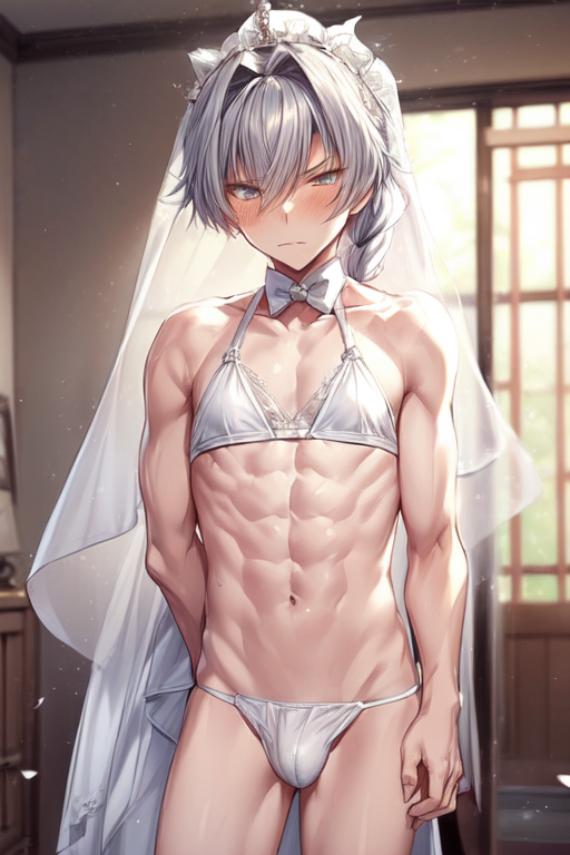 abs ai_generated kizaki_ren silver_hair skimpy the_idolm@ster trap wedding_dress wedding_veil white_bikini yaoi