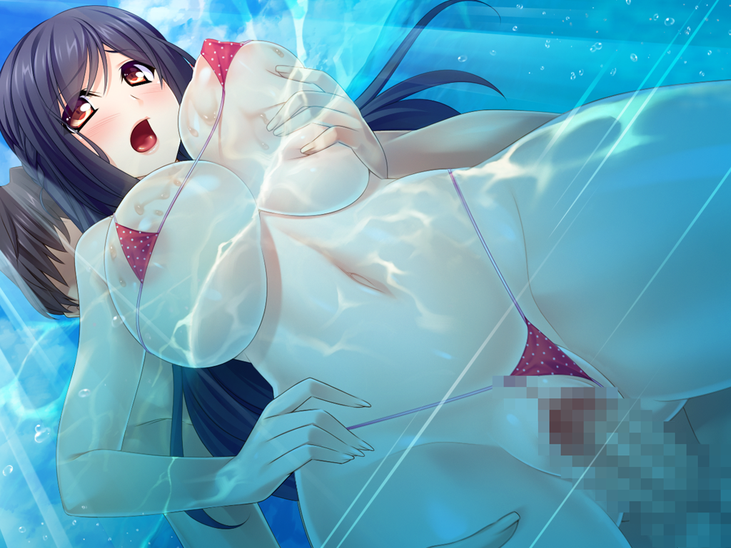 areolae bikini blue_hair blush breast_grab breasts censored erect_nipples female game_cg highres huge_breasts legs long_hair looking_at_viewer micro_bikini mosaic_censoring mound_of_venus navel nipples open_mouth penis polka_dot_bikini pussy red_eyes sakurai_mairi sex sky solo_focus swimsuit thighs thong thong_aside tonari_no_shinkon_hitozuma_wo_hamedori_netori_harama_seikatsu underwater vaginal_penetration water wet