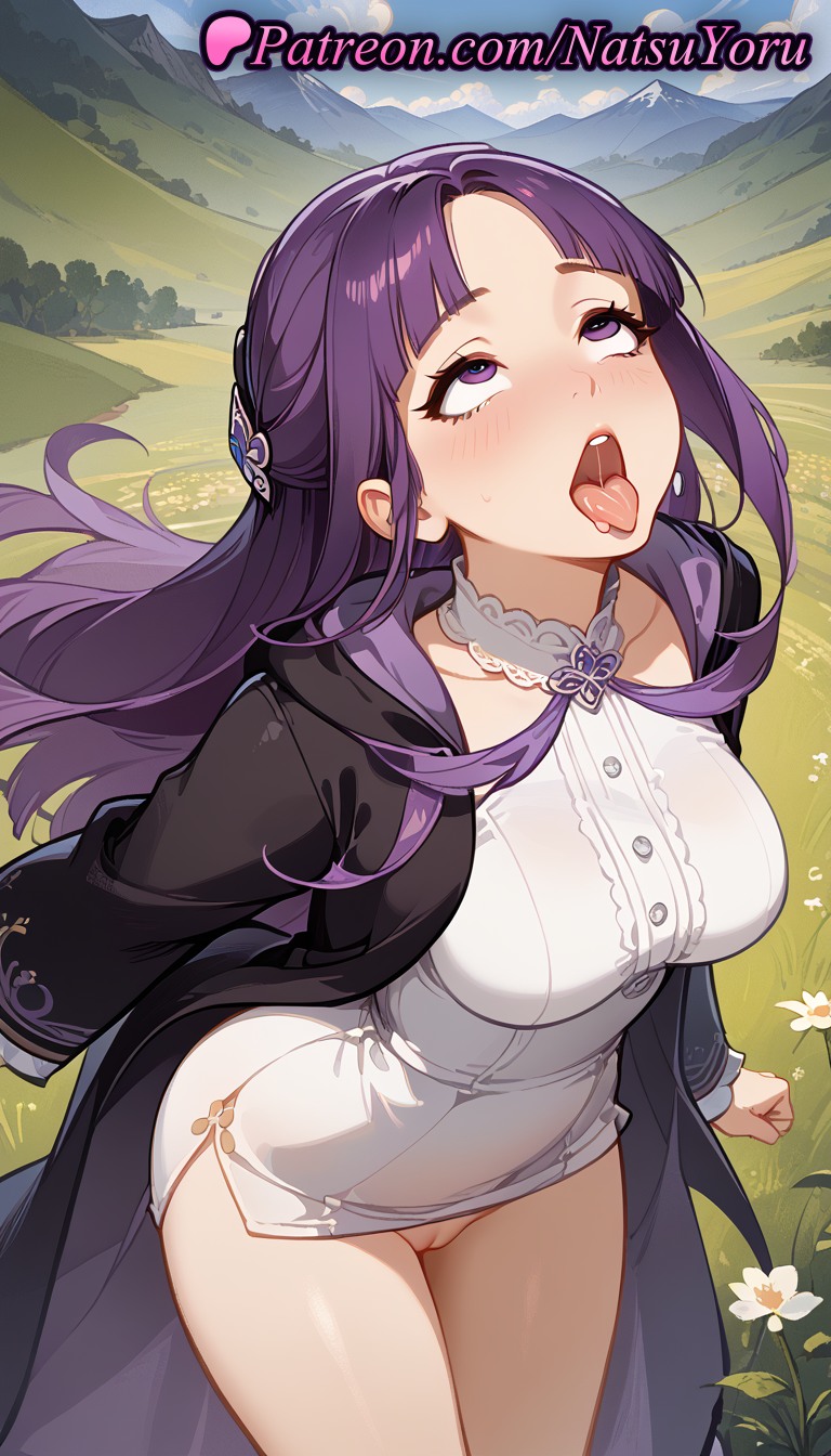 1girls ahe_gao ahe_gao ai_generated anime anime_style bangs black_coat black_robe blush breasts bust busty cleft_of_venus clothes_lift cloud coat collarbone cowboy_shot day dress dress_lift female female_focus female_only fern_(sousou_no_frieren) field flower frills hair_ornament hentai hood hooded_coat large_breasts long_hair long_sleeves looking_up mountainous_horizon natsuyoru no_panties open_clothes open_coat open_mouth outdoors parted_bangs purple_eyes purple_hair pussy robe rolling_eyes short_dress sky solo solo_female sousou_no_frieren teeth thighs tongue tongue_out uncensored upper_teeth_only voluptuous voluptuous_female white_dress white_flower