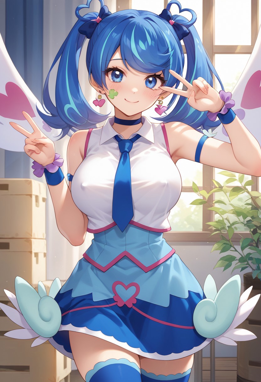 ai_generated big_breasts blue_angel blue_angel_(yu-gi-oh) bowtiesimp idol peace_sign school_uniform schoolgirl teenager thick_thighs young younger_female yu-gi-oh! yu-gi-oh!_vrains