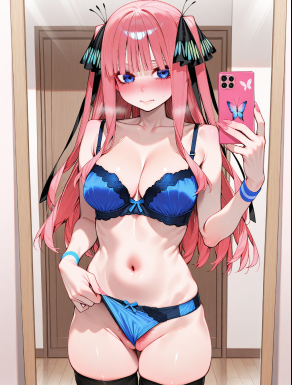 1girls ai_generated blue_bra blush butterfly_hair_ornament cellphone female_focus female_only go-toubun_no_hanayome holding_phone looking_at_phone medium_breasts mirror_selfie nakano_nino open_eyes pink_hair pink_nails pulling_panties solo_focus thighhighs