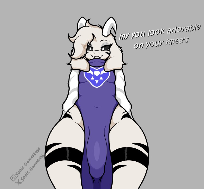 1boy asriel_dreemurr asriel_dreemurr_(god_form) bulge bulge_through_clothing dialogue dress femboy fur furry grey_background horn horns hung_femboy hung_trap looking_at_viewer male penis pov presenting presenting_penis solo sonic_gaming456 submissive_pov taker_pov talking_to_viewer text trap undertale white_fur white_hair