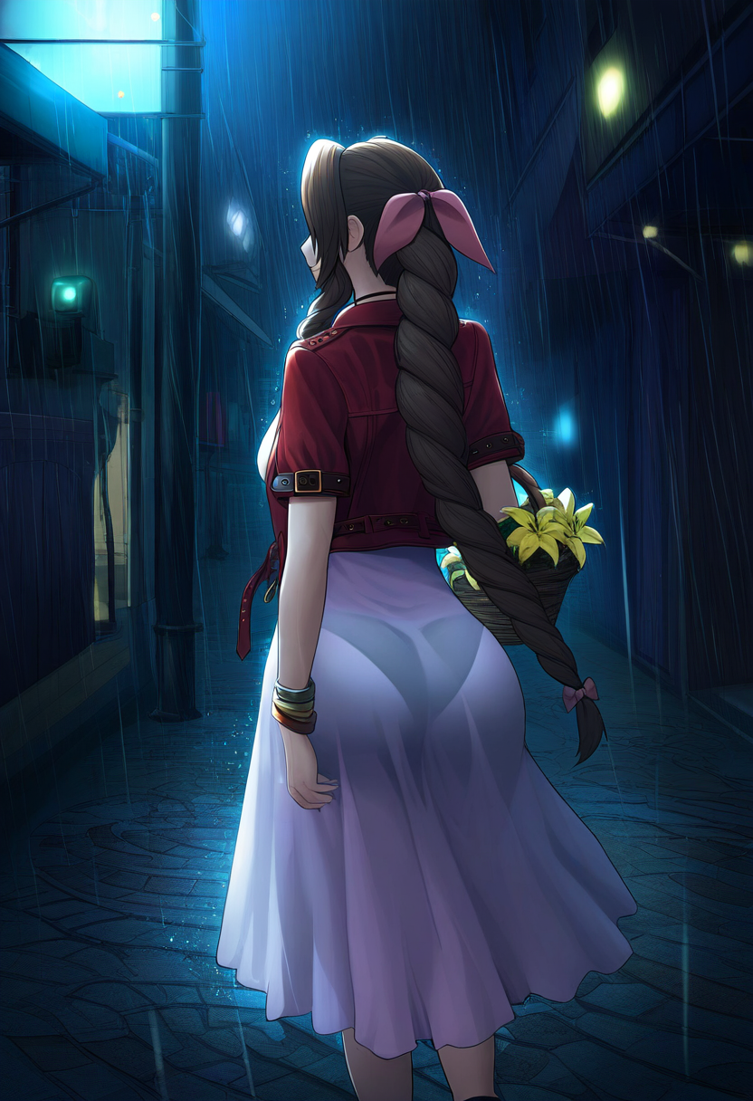 1girls aerith_gainsborough ai_generated airbrush brown_hair cel_shading female final_fantasy final_fantasy_vii final_fantasy_vii_remake flower_basket highres huge_ass night panties_visible_through_clothing pink_dress raining red_jacket single_braid very_long_hair walking