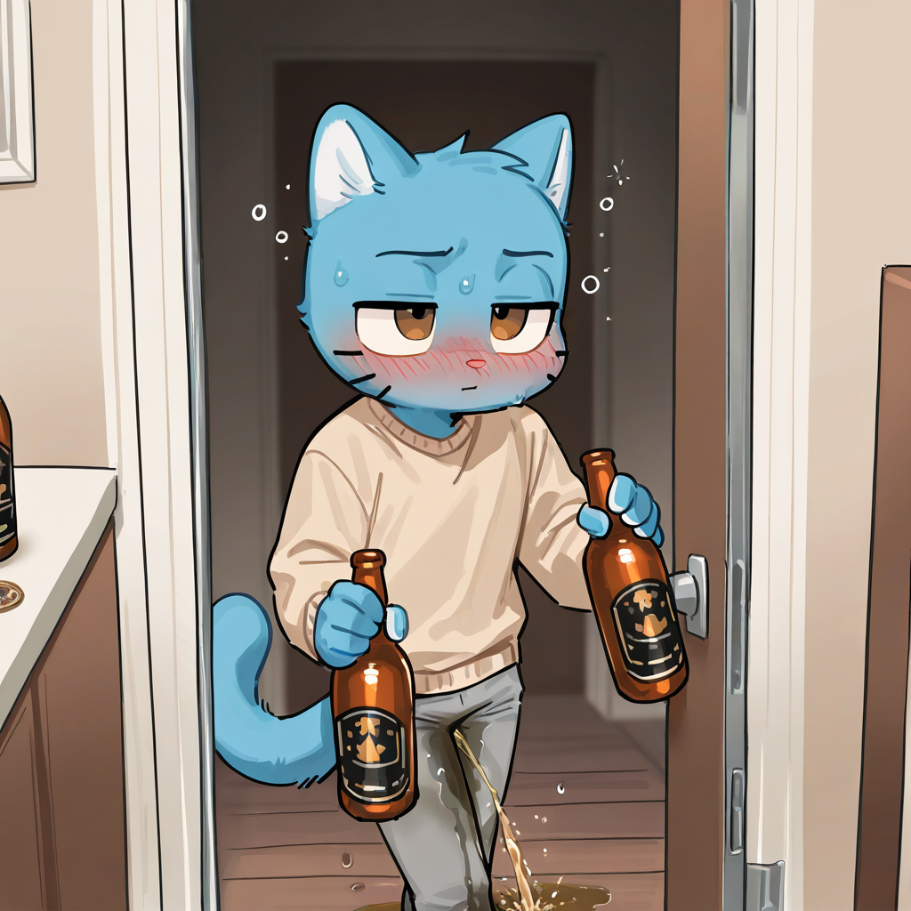 ai_generated drunk furry gumball_watterson peeing peeing_self the_amazing_world_of_gumball