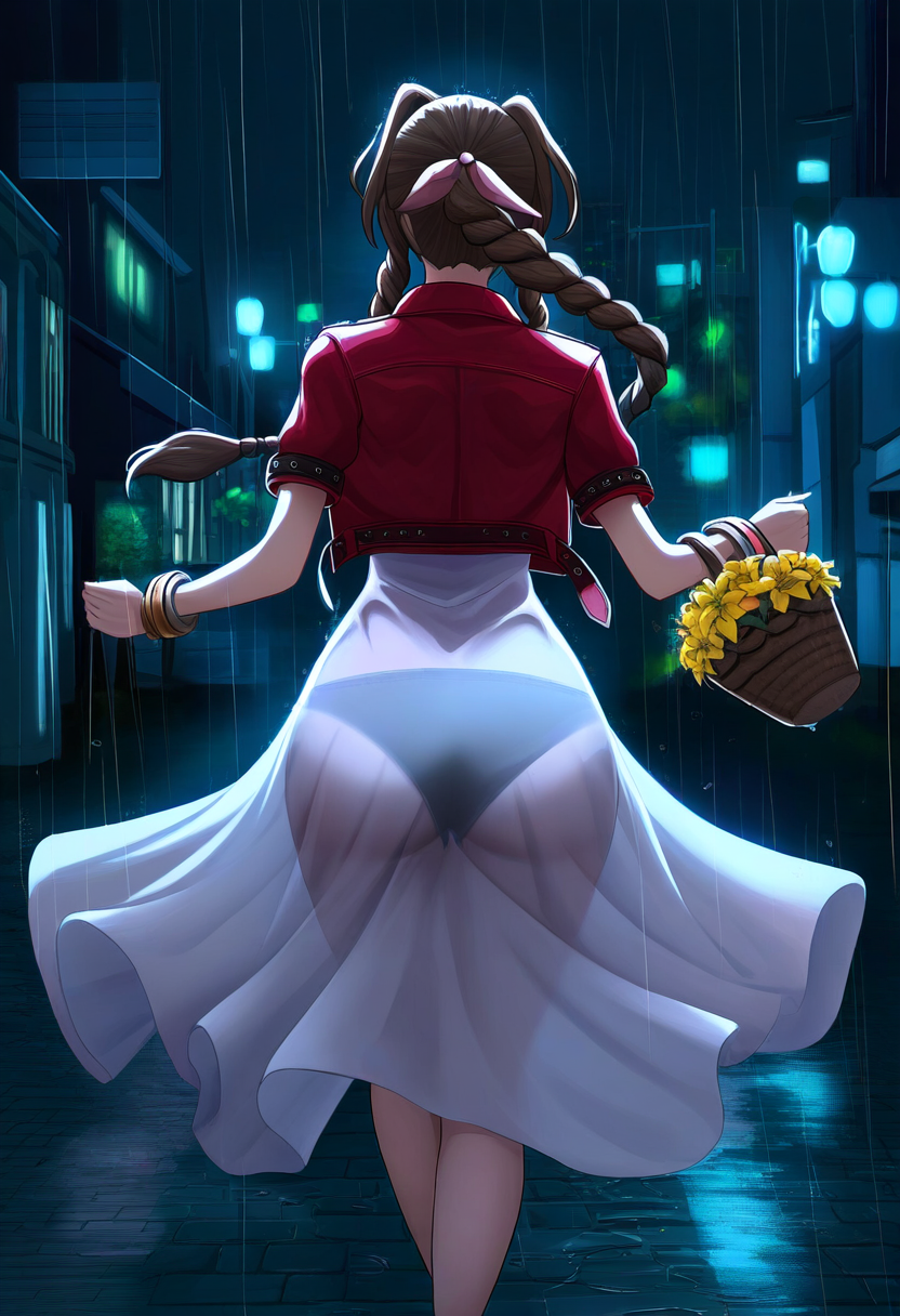 1girls aerith_gainsborough ai_generated airbrush brown_hair cel_shading female final_fantasy final_fantasy_vii final_fantasy_vii_remake flower_basket highres huge_ass night panties_visible_through_clothing pink_dress red_jacket see-through_clothing single_braid very_long_hair walking