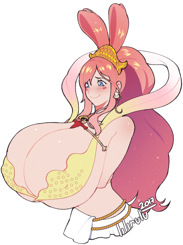 1boy 1girls artist_request between_breasts bikini_top blush breasts curvaceous female giantess gigantic_breasts happy hug larger_female male mermaid mermaid_giantess micro_male micro_on_macro miniguy monkey_d_luffy one_piece pink_hair shirahoshi size_difference smaller_male smile underboob voluptuous