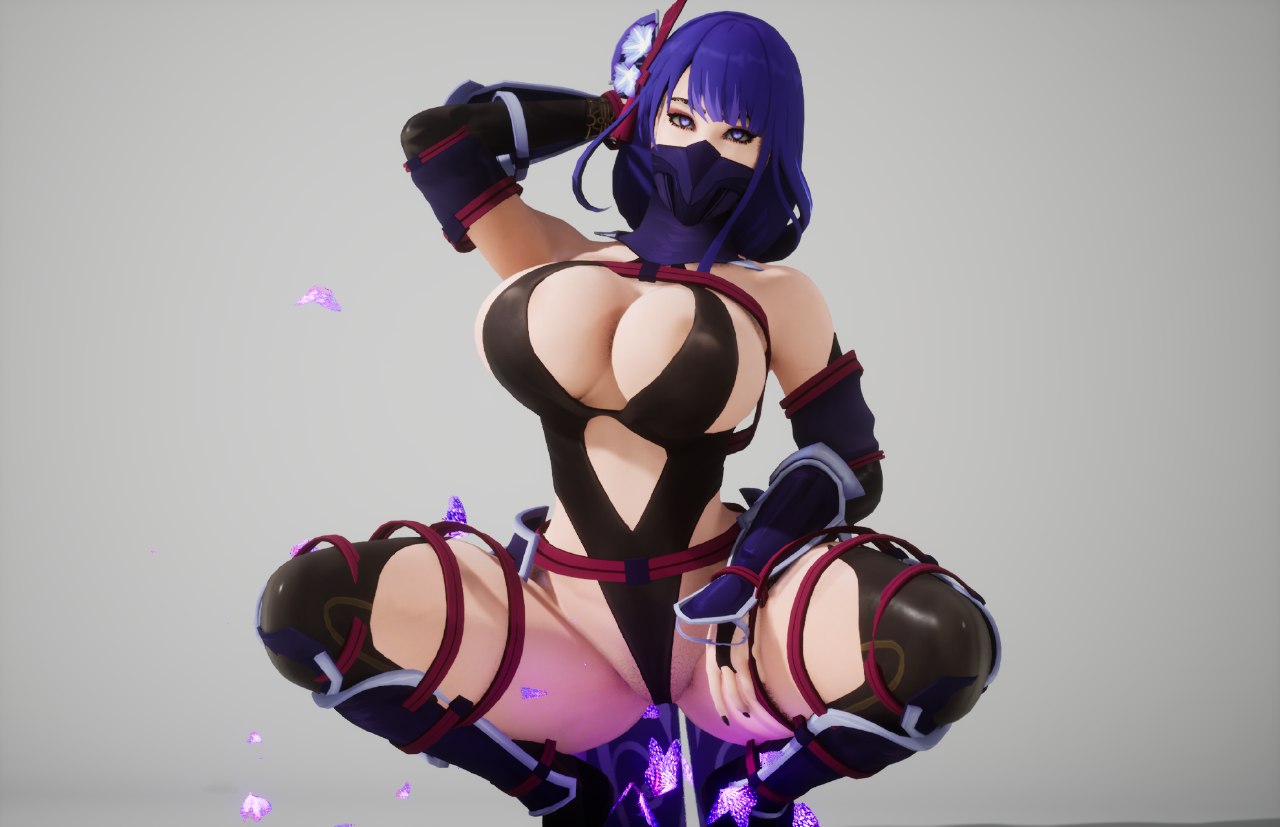 1girls 3d curvy_figure female genshin_impact open_legs pose purple_hair raiden_shogun solo_female squatting wildlife_(video_game)