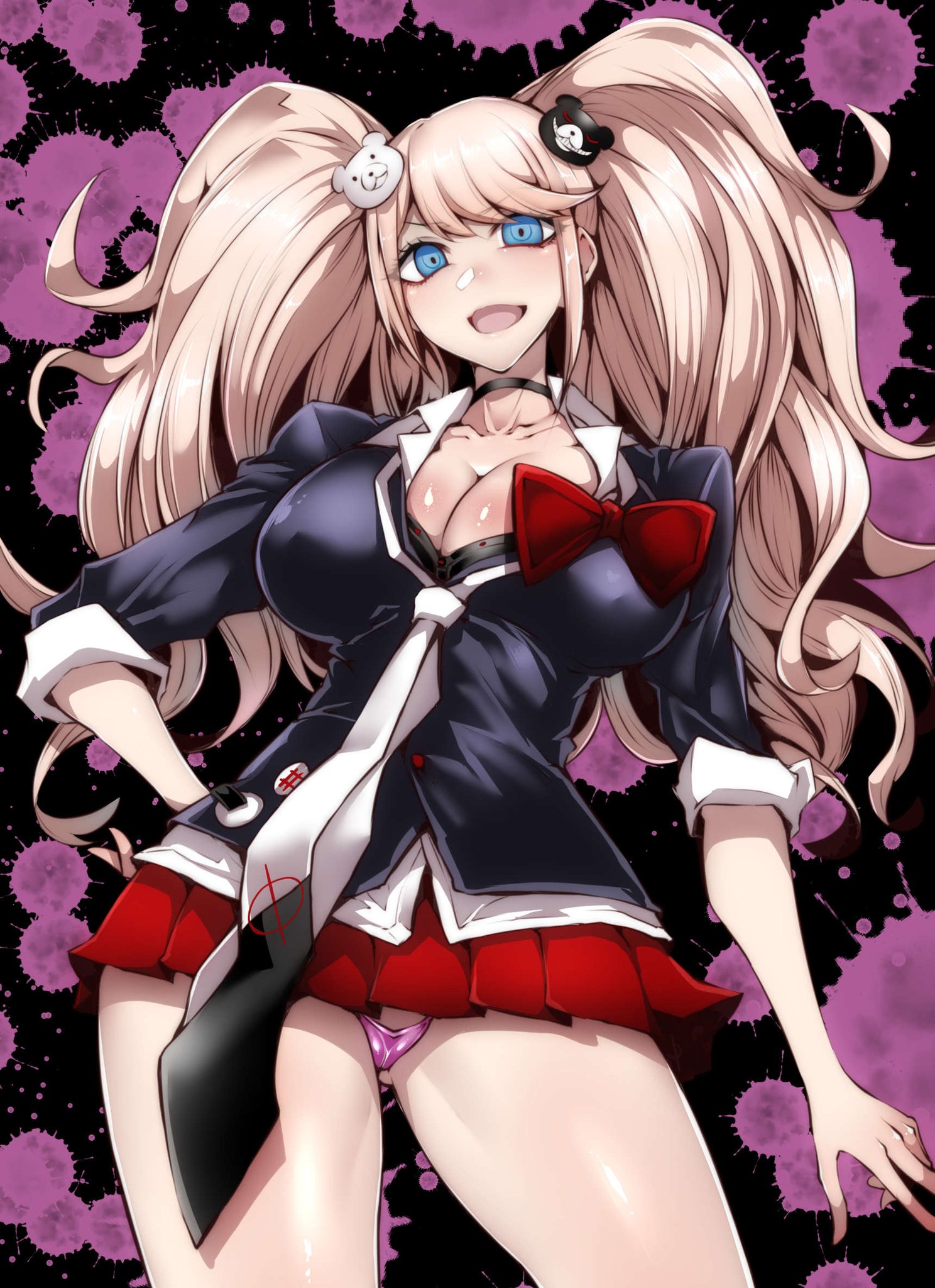 1girls, black background, black bra, blonde hair, blue eyes, bra, breasts, clavicle, color, danganronpa, danganronpa 1, danganronpa: trigger happy havoc, female, gggg, gyaru, hair ornament, hands on hip, junko enoshima, large breasts, laugh, laughing, monokuma, open mouth, panties, pink background, pink panties, ponytail, ponytails, ribbon, schoolgirl, short skirt, shoulder blades, skimpy, skimpy clothes, skirt, straight hair, thick thighs, tie