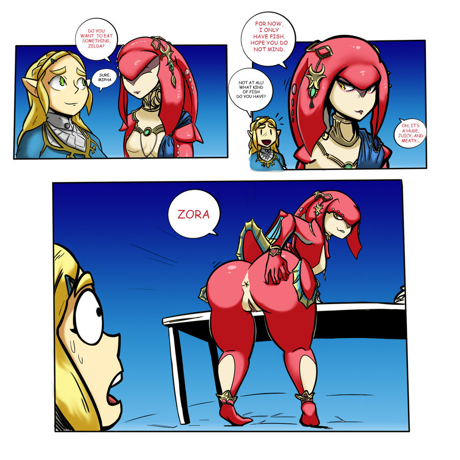 2girls anus ass back blonde_hair breath_of_the_wild comic dat_ass english_text female female_only fish_girl french_braid from_behind hylian mipha monster_girl multiple_girls nintendo princess_mipha princess_zelda pussy tail text the_legend_of_zelda vagina yellow_eyes yuri zelda_(breath_of_the_wild) zora