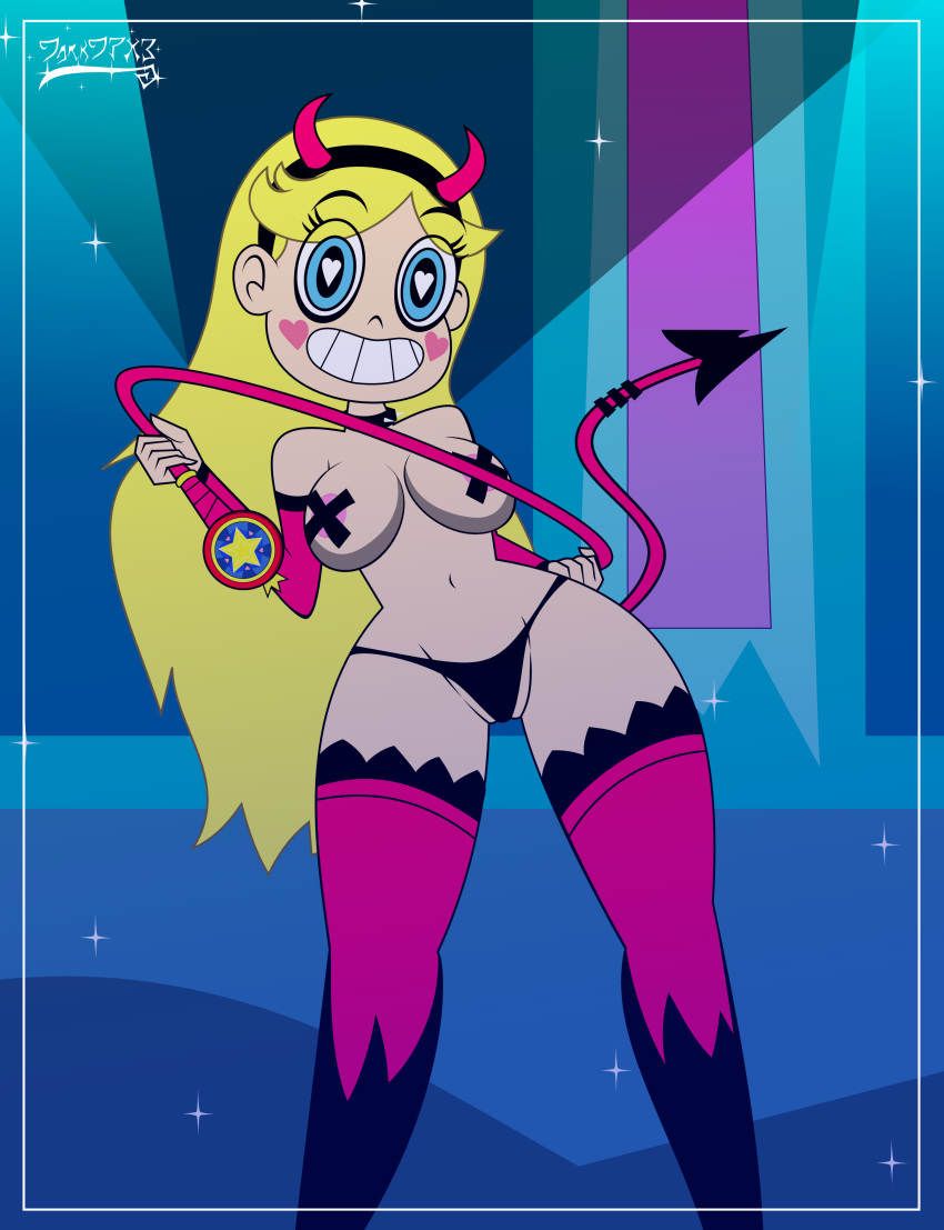 1girls, big breasts, blonde female, blonde hair, breasts, disney, disney channel, disney xd, female, heart eyes, nipple tape, star butterfly, star vs the forces of evil, straight hair, thighhighs, thong, whip, white female