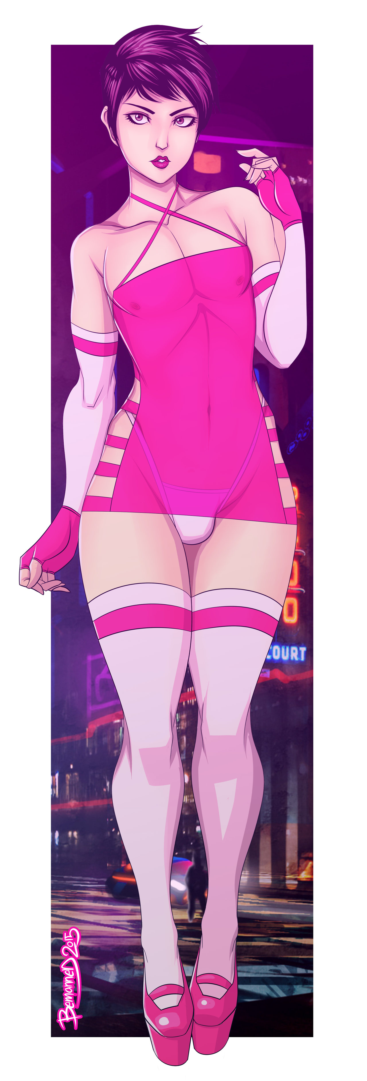 1boy, 2015, bemannen, bulge, crossdressing, elbow gloves, femboy, fingerless gloves, gloves, high heels, lipstick, male, purple eyes, short hair, thighhighs, thong, trap
