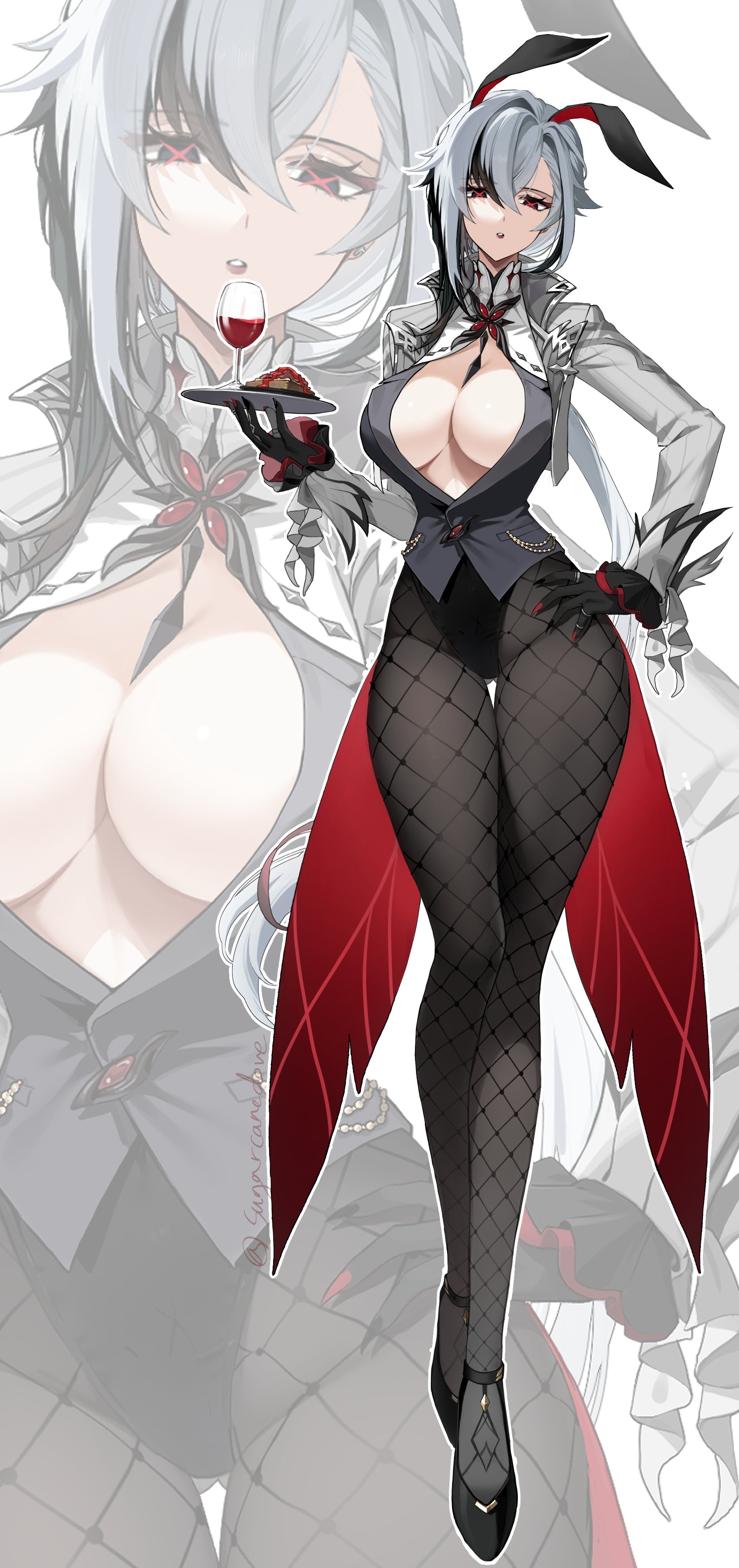 1girls, absurd res, arlecchino (genshin impact), breasts, bunny ears, bunnysuit, cleavage, female, female only, genshin impact, hi res, large breasts, light skin, light-skinned female, looking at viewer, solo, sugarcanedove, wide hips