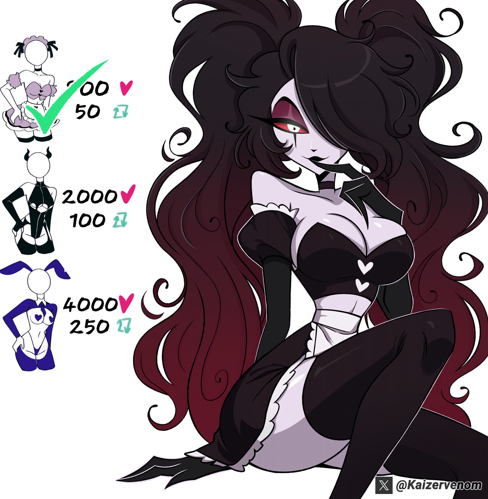 black clothing, breasts, female, hazbin hotel, kaizervenom, looking at viewer, maid, maid outfit, maid uniform, red eyes, roo (hazbin hotel), strip game, thick thighs, thighs
