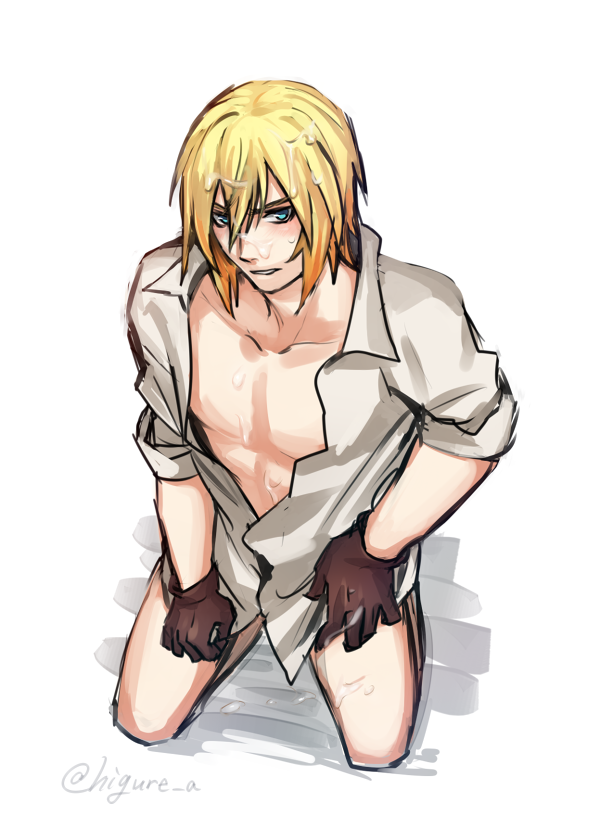 blonde_hair blue_eyes cum cum_on_body dash10 eizen_(tales) facial gloves kneeling looking_at_viewer male_only muscle tales_of_(series) tales_of_berseria yaoi