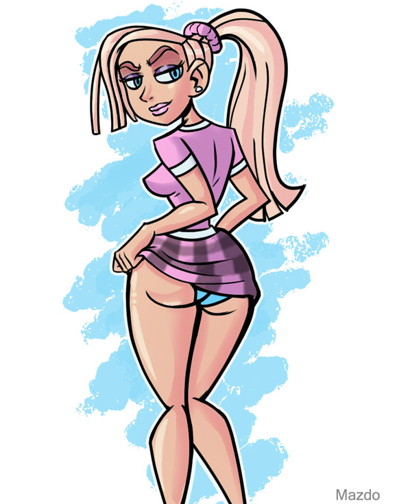ass, back view, blonde hair, blue background, blue eyes, blue panties, courtney babcock, female, female focus, female only, looking back, mr-mazdo, panties, paranorman, ponytail, skirt lift, solo, thighs, upskirt, white background