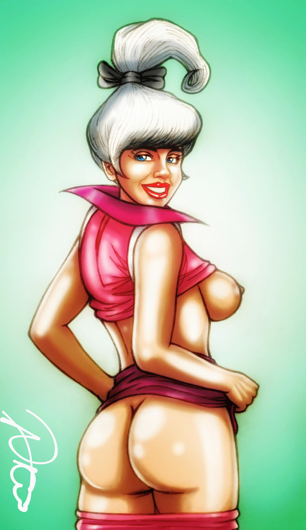 artist_signature ass blue_eyes breasts bronxboy79 hairbow judy_jetson looking_at_viewer looking_back pants_pulled_down shirt_up the_jetsons white_hair