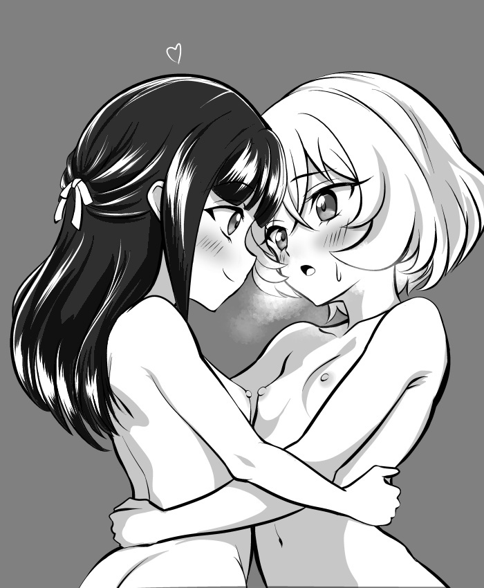 2girls blush breasts closed_mouth collarbone daichi_(jashin-chan_dropkick) greyscale hug jashin-chan_dropkick lierre long_hair looking_at_viewer monochrome multiple_girls navel nipples nude open_mouth short_hair simple_background small_breasts smile ufufuto yuri