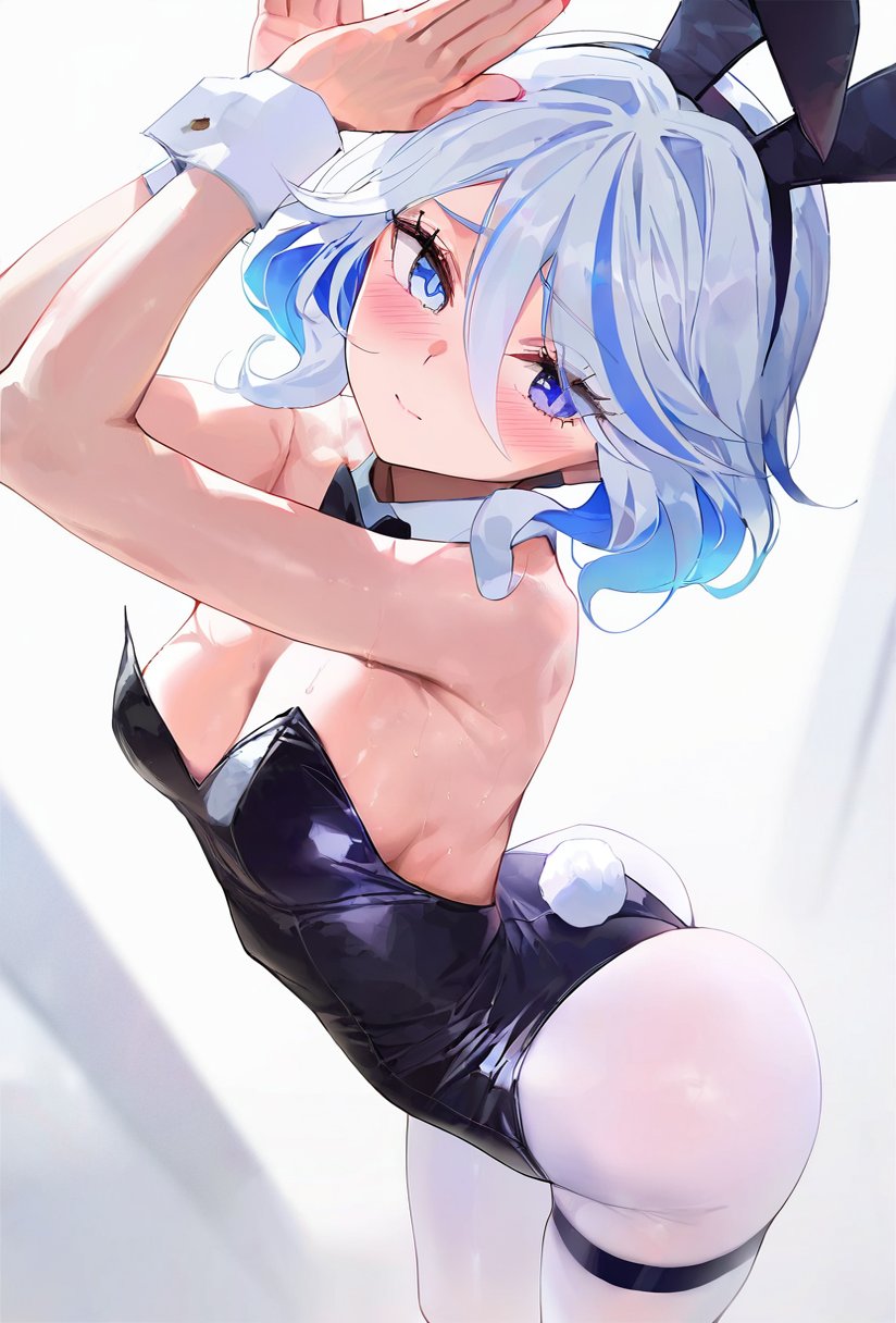 1girls, ai assisted, ai generated, arched back, ass, blue eyes, blue hair, blush, breasts, bunny ears, bunnysuit, cleavage, embarrassed, eye contact, female, furina (genshin impact), genshin impact, leotard, looking at viewer, pantyhose, petite, playboy bunny, small breast, solo, sweat, tail, u ki7w