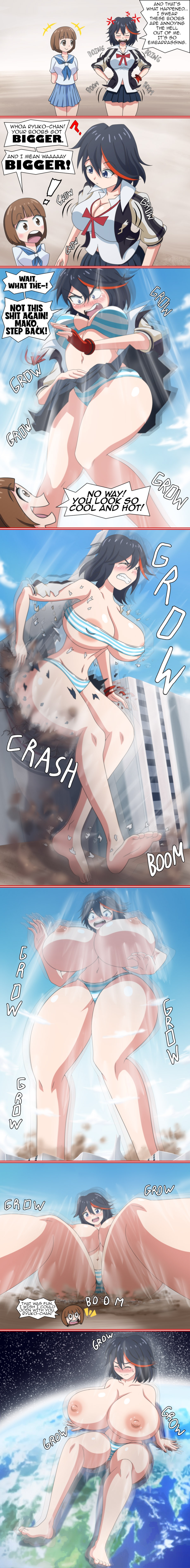 ahoge, body growth, body growth (enlargement), breasts, comic, earth, female, giantess, huge breasts, jacket, jenny secret, kill la kill, large breasts, mankanshoku mako, matoi ryuuko, midriff, nipples, striped bra, striped panties, text, torn clothes, torn clothing